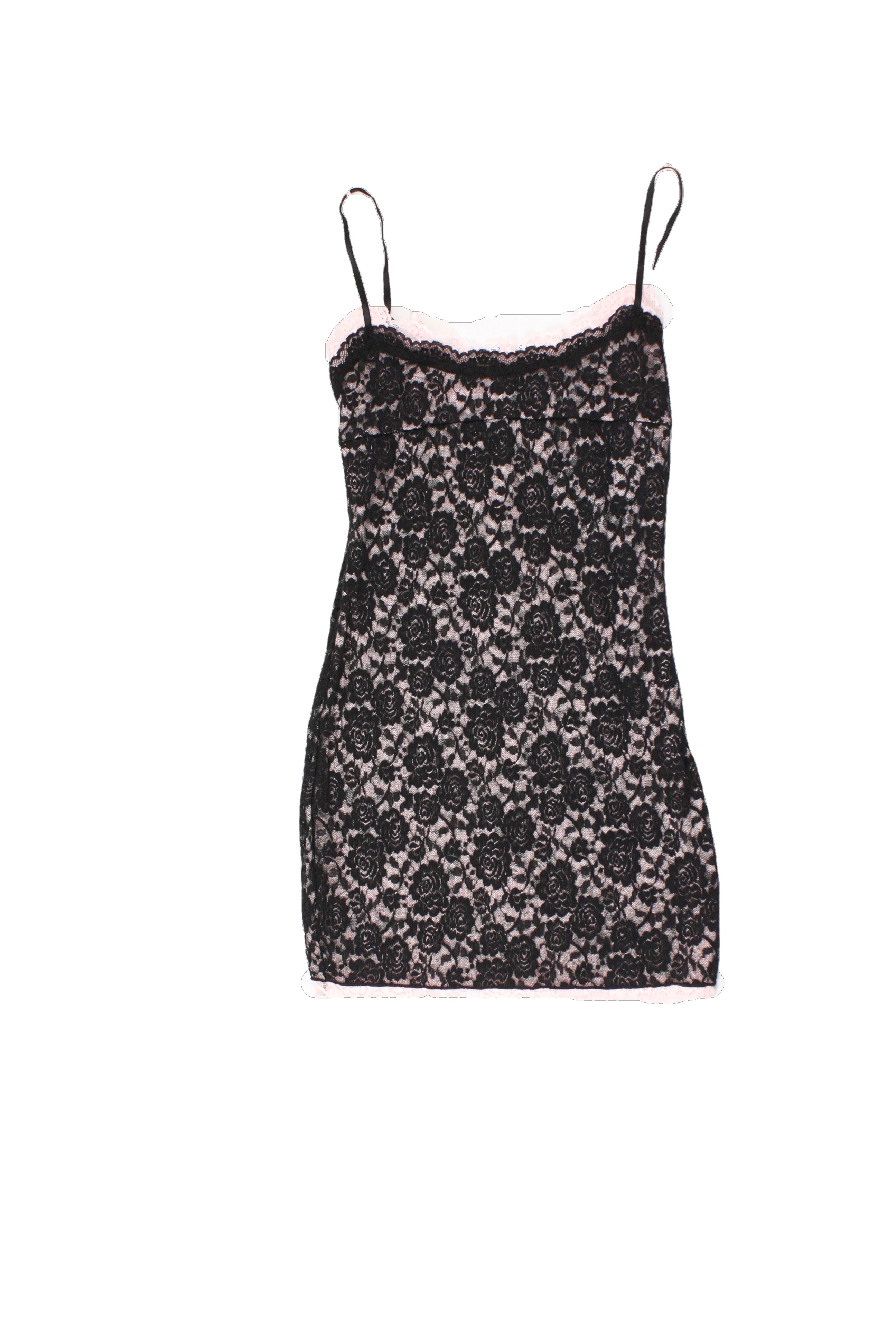 White Fox Women's Black/Pink Spaghetti Strap Dress with Lace Layers, Mini, Stretch – Size XS