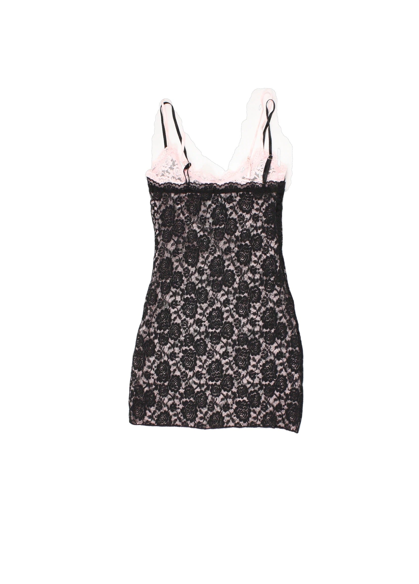 White Fox Women's Black/Pink Spaghetti Strap Dress with Lace Layers, Mini, Stretch – Size XS