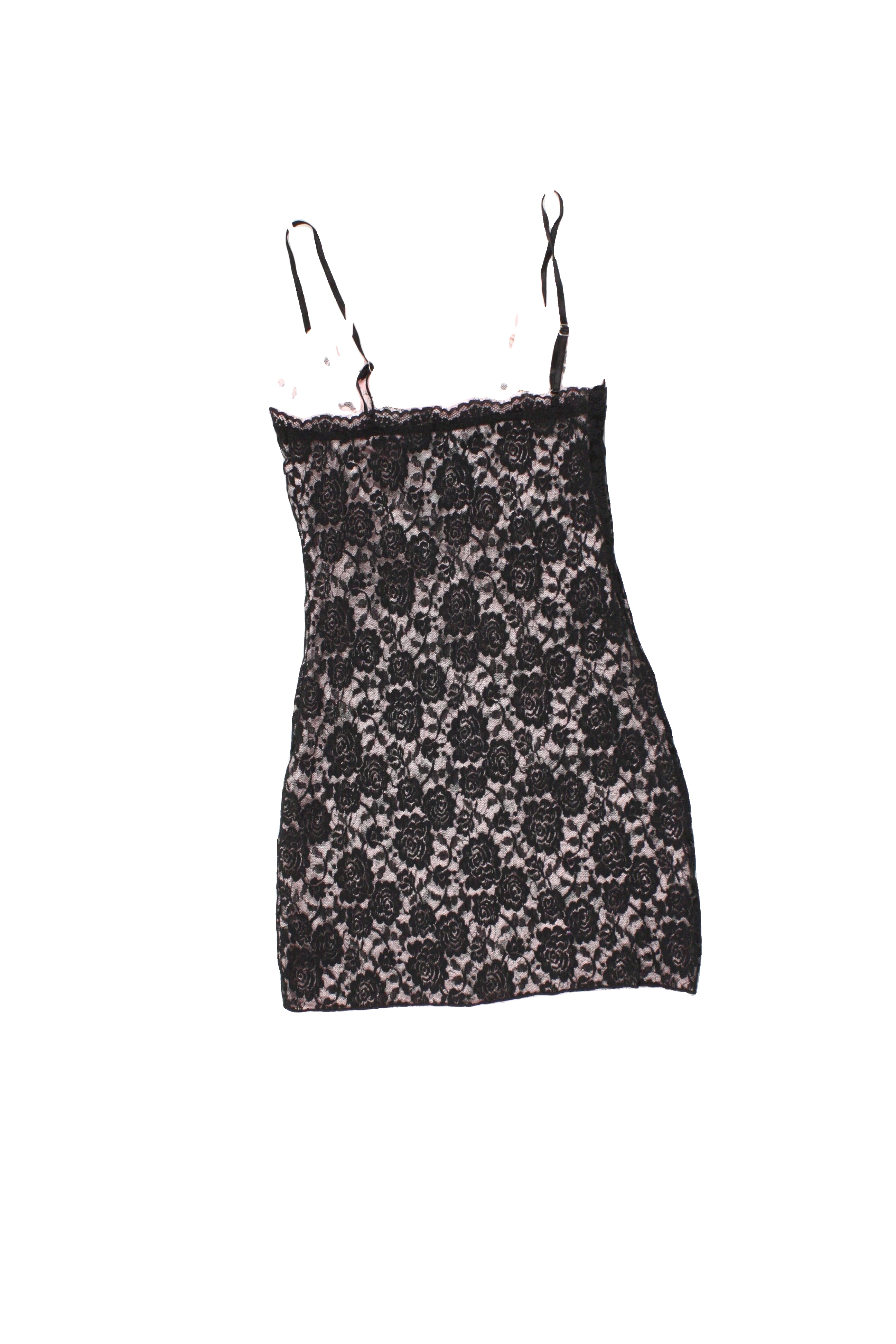 White Fox Women's Black/Pink Spaghetti Strap Dress with Lace Layers, Mini, Stretch – Size XS