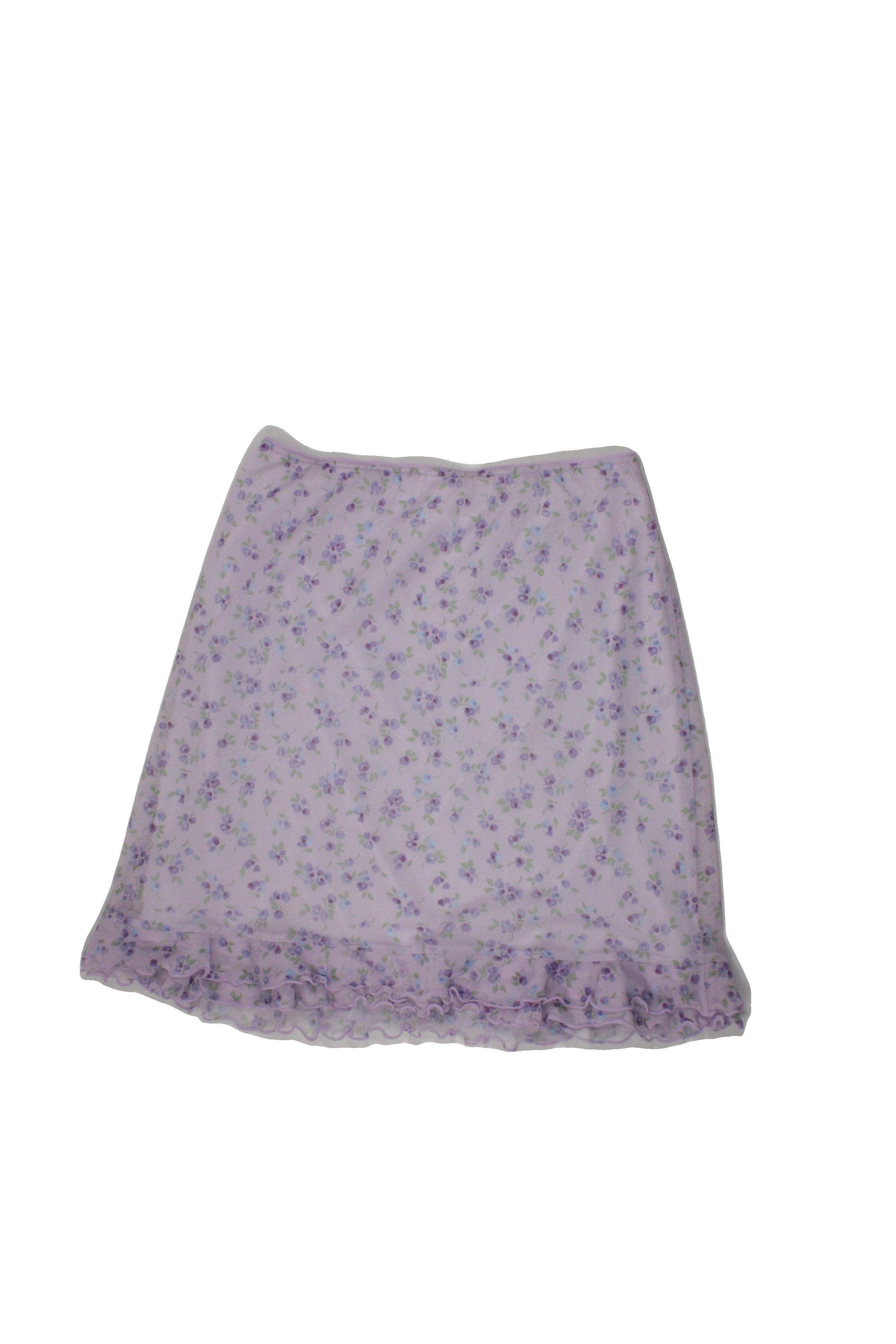 No Brand Women's Purple/Blue/Olive Skirt with Mesh Overlay, Mini, Lettuce Hem, Floral Pattern – Size W26
