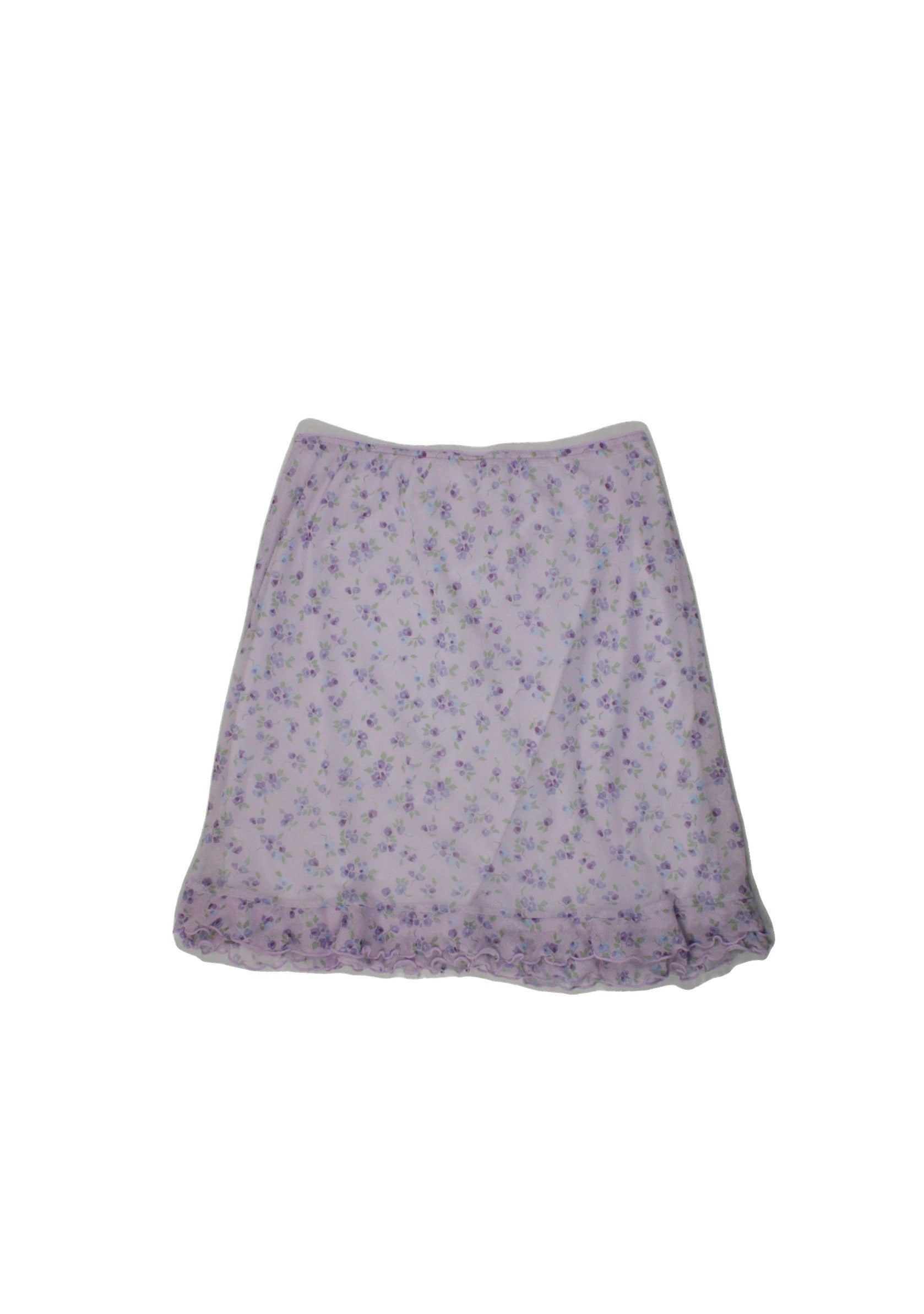 No Brand Women's Purple/Blue/Olive Skirt with Mesh Overlay, Mini, Lettuce Hem, Floral Pattern – Size W26