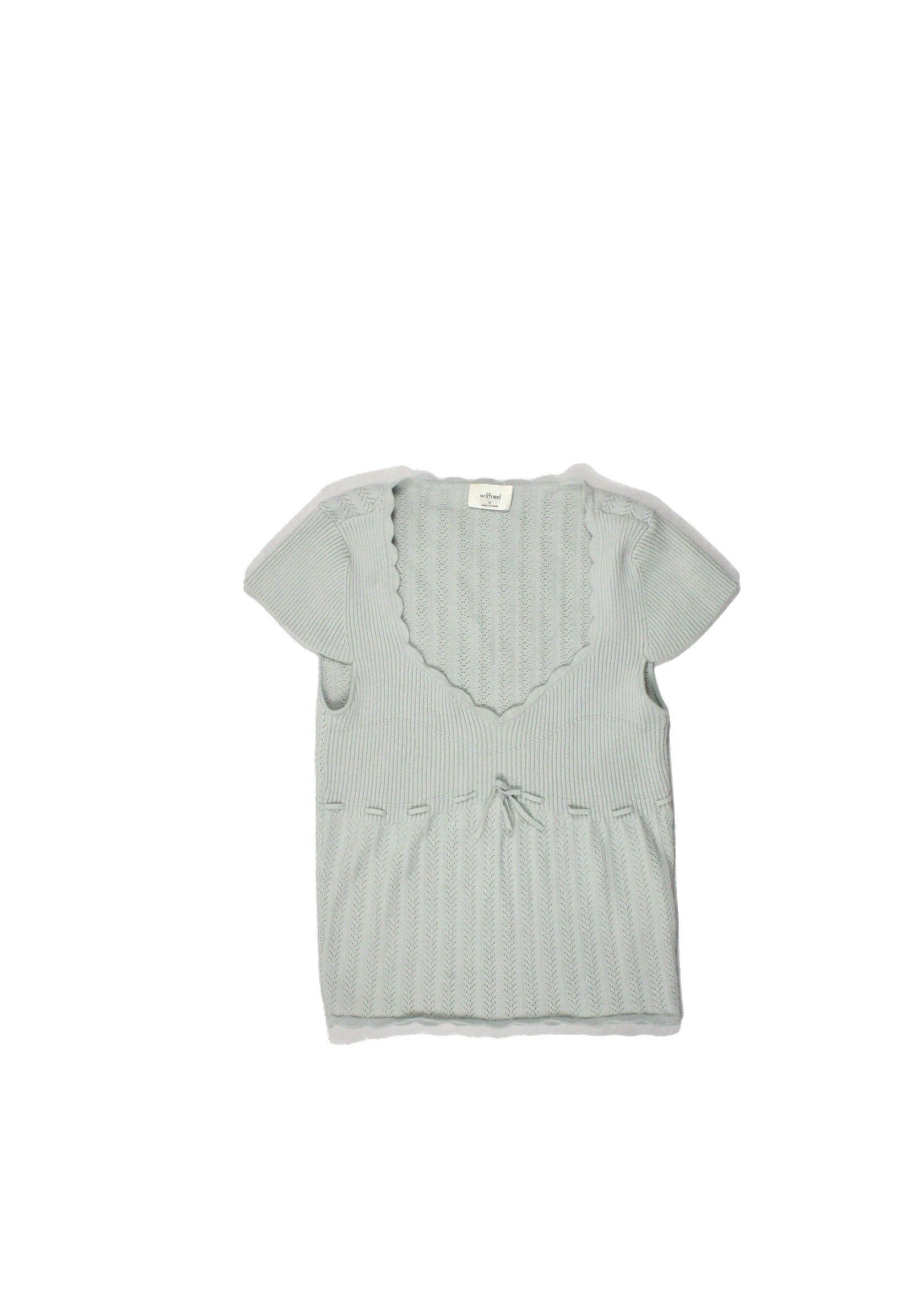 Wilfred Women's Mint Short Sleeve V-Neck Top with Pointelle, Ribbed Top, Scalloped Trim, Underbust Tie – Size M