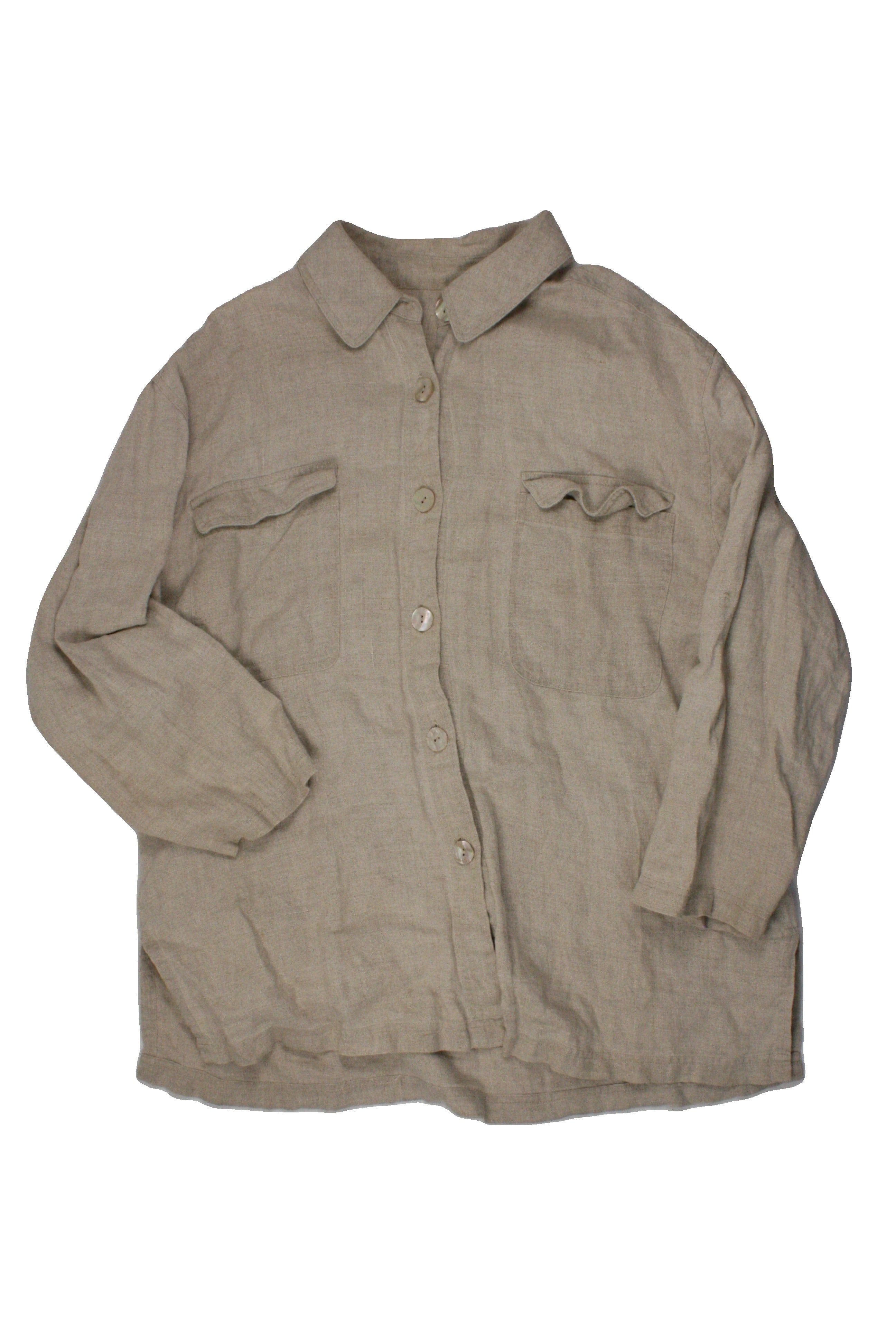 No Brand Women's Tan Long Sleeve Shacket with Buttons, Shell Buttons, Beige Shell Buttons, Side Slits