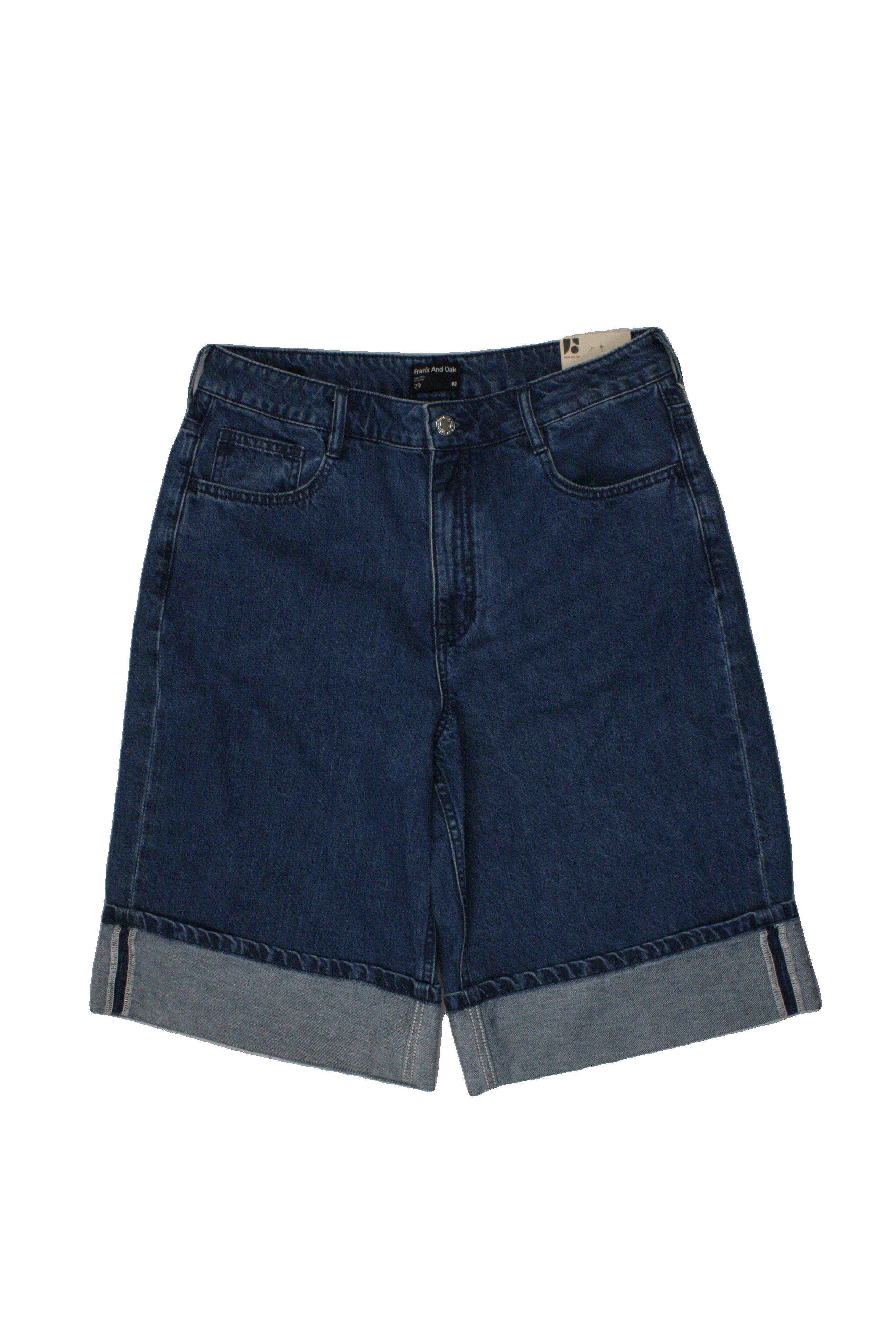 Frank And Oak Women's Blue/Medium Wash Shorts with Denim, 5 Pockets, Back Logo, Back Waist Leather Logo – Size W29