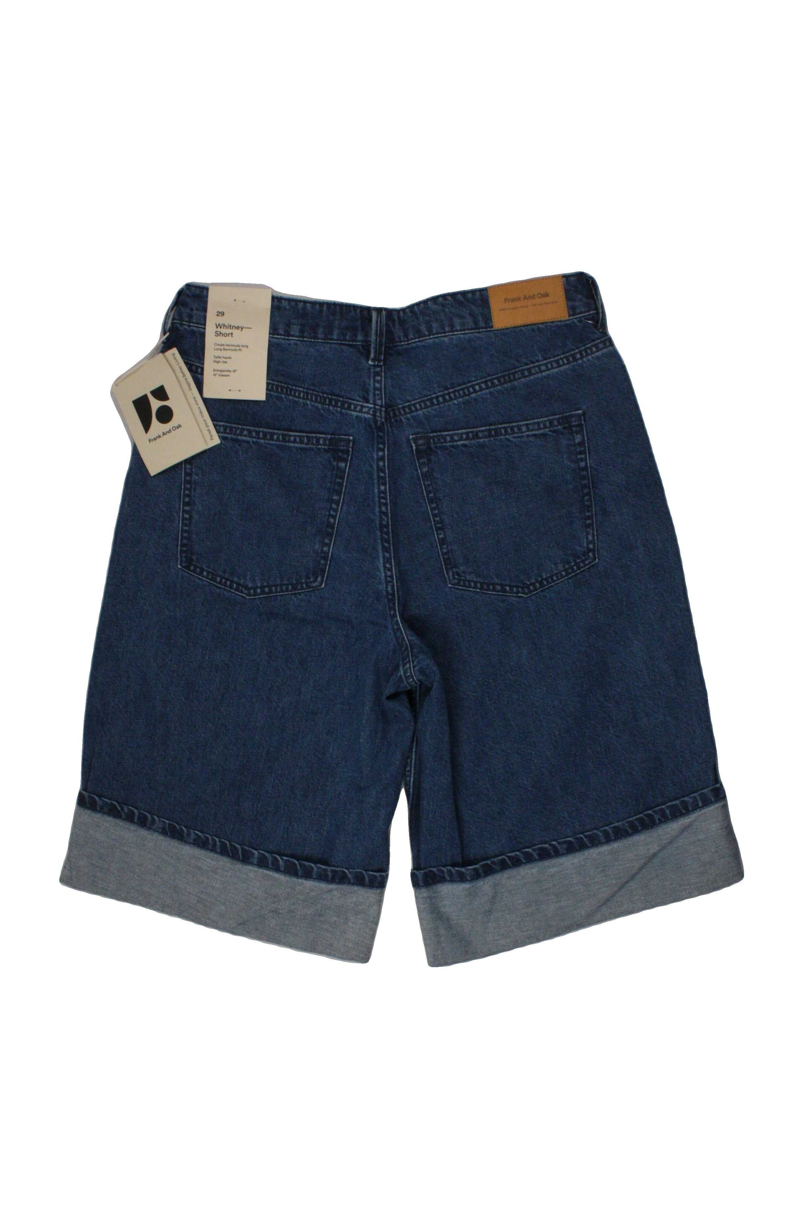 Frank And Oak Women's Blue/Medium Wash Shorts with Denim, 5 Pockets, Back Logo, Back Waist Leather Logo – Size W29
