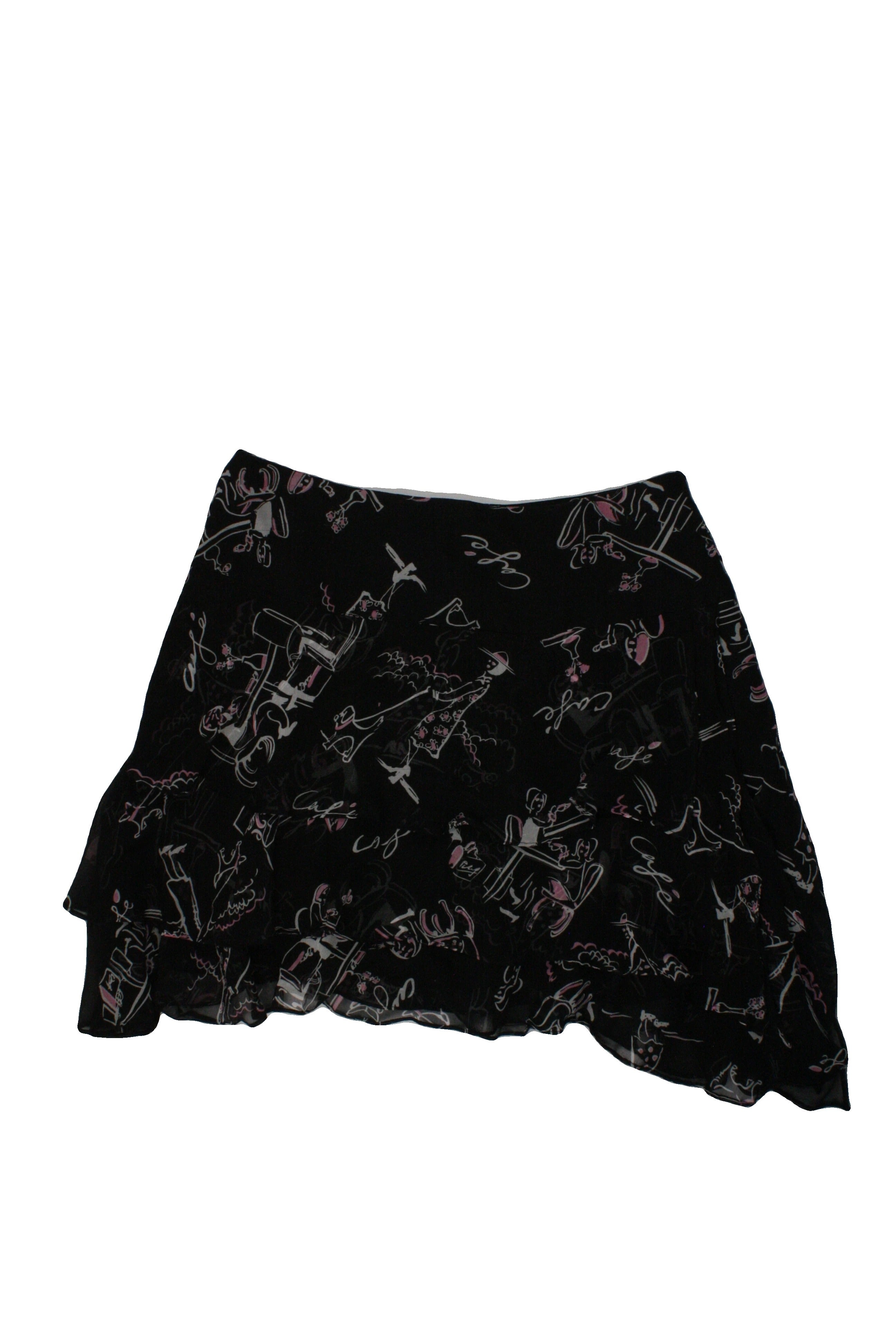IlE Women's Black/Pink/White Skirt with Silk Blend, Silk, Handkerchief Hem, Cafe Print – Size W28