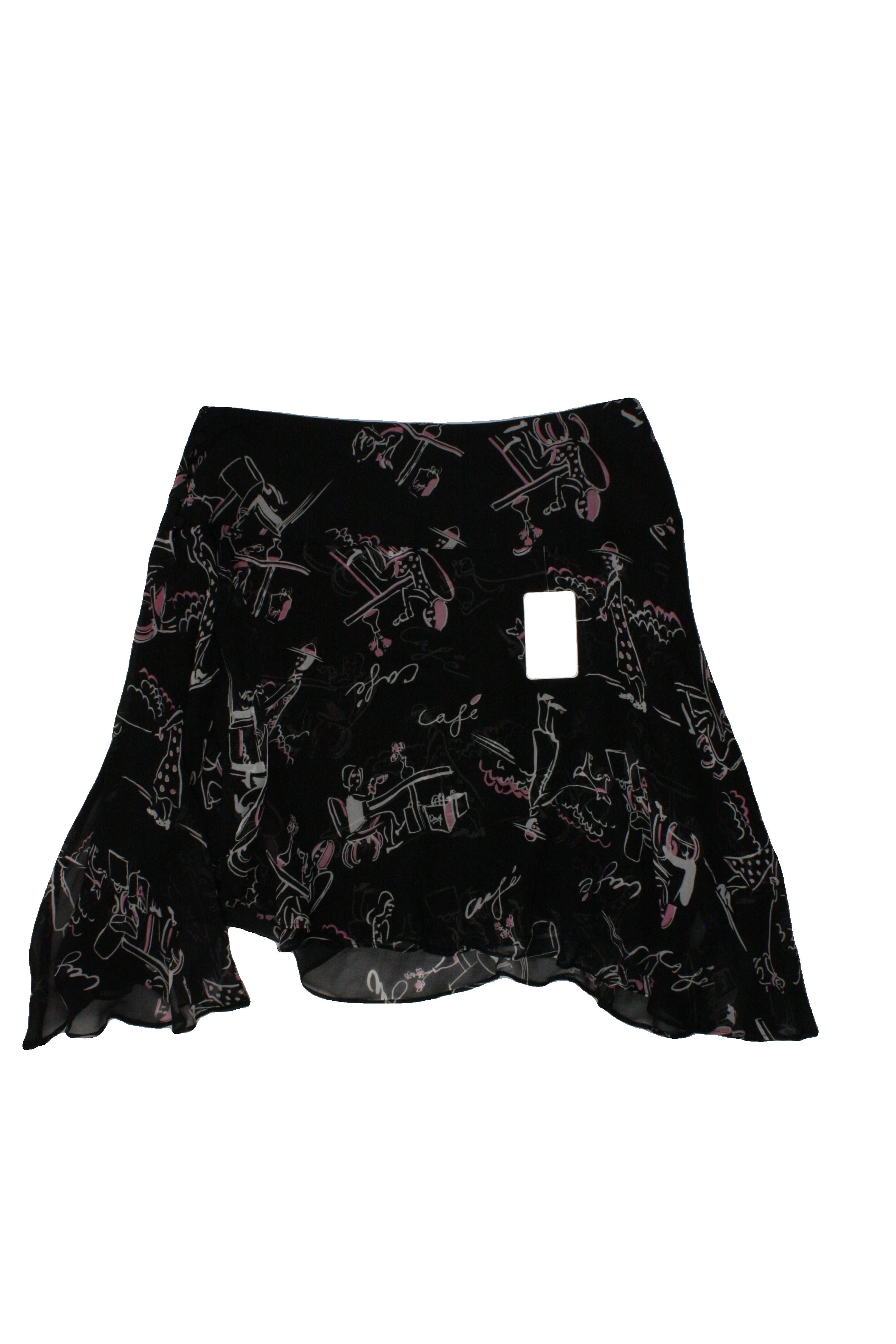 IlE Women's Black/Pink/White Skirt with Silk Blend, Silk, Handkerchief Hem, Cafe Print – Size W28