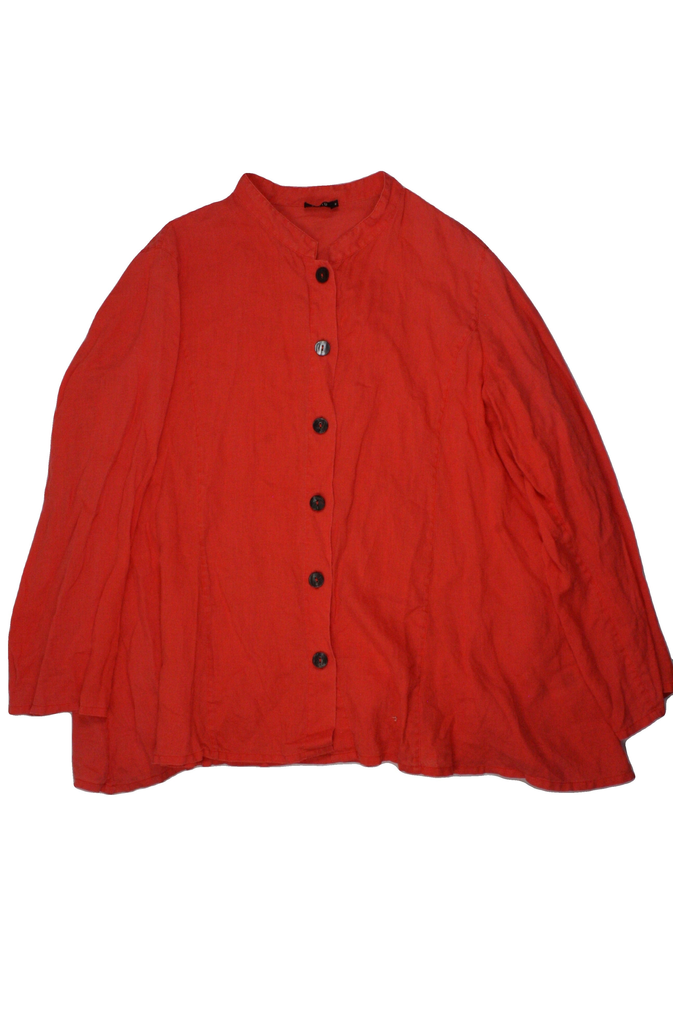 VIVID Women's Coral Long Sleeve High Neck Shirt with Linen, Buttons, Contrast Buttons, Rounded Hem – Size M