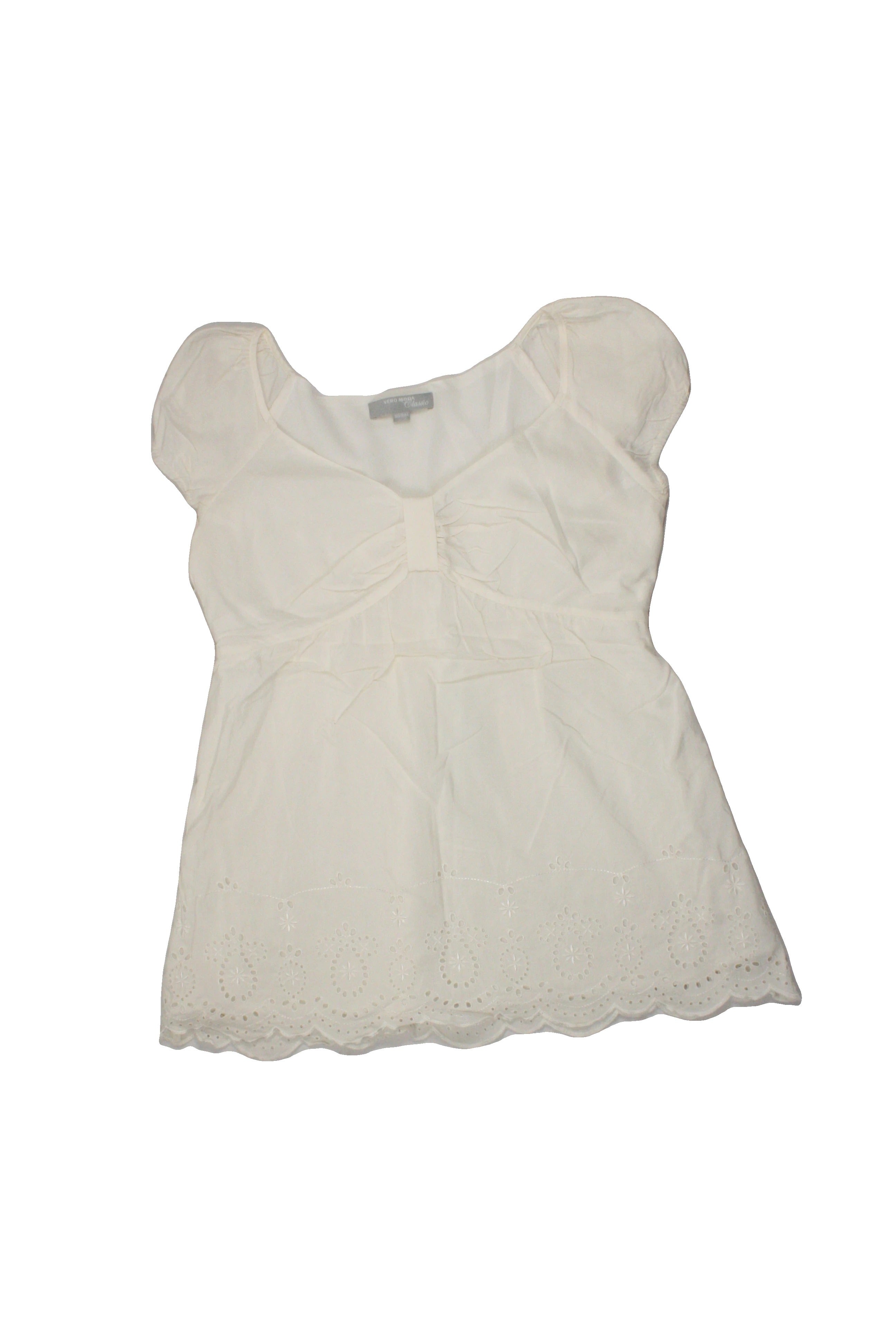 Vero Moda Women's Cream Short Sleeve V-Neck Top with Double Layer, Neck Bow, Eyelets, Sleeve Gathers