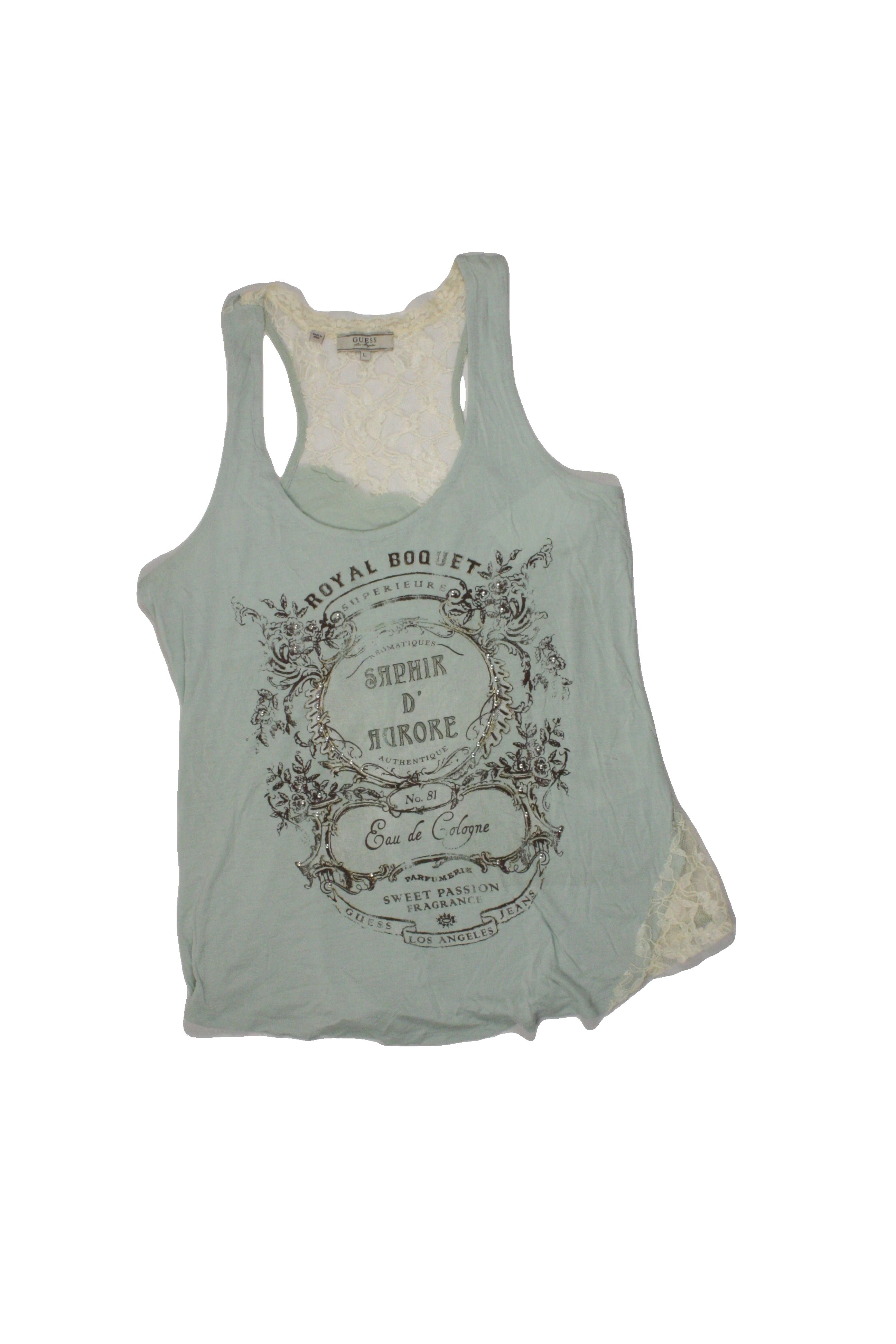 Guess Women's Light Blue/Brown/Cream Sleeveless Scoop Neck Top with Lace Trim, Silver Studs – Size L