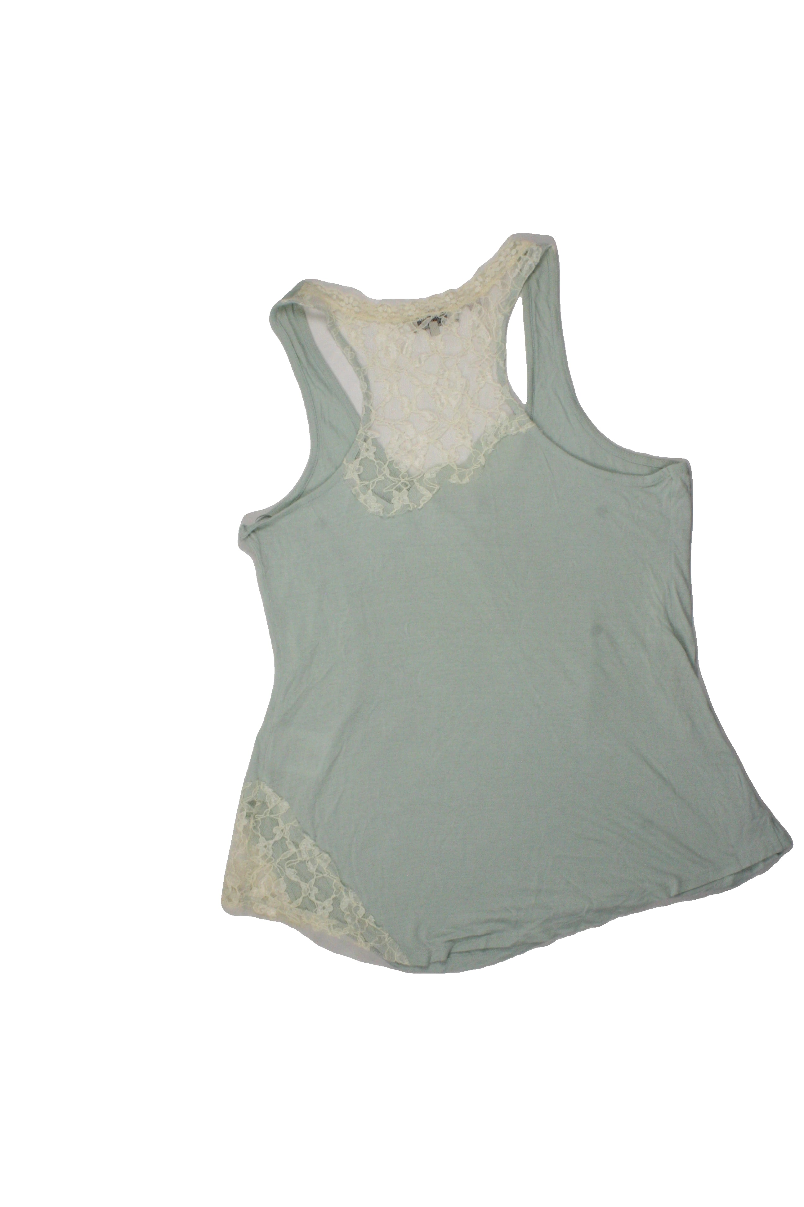 Guess Women's Light Blue/Brown/Cream Sleeveless Scoop Neck Top with Lace Trim, Silver Studs – Size L