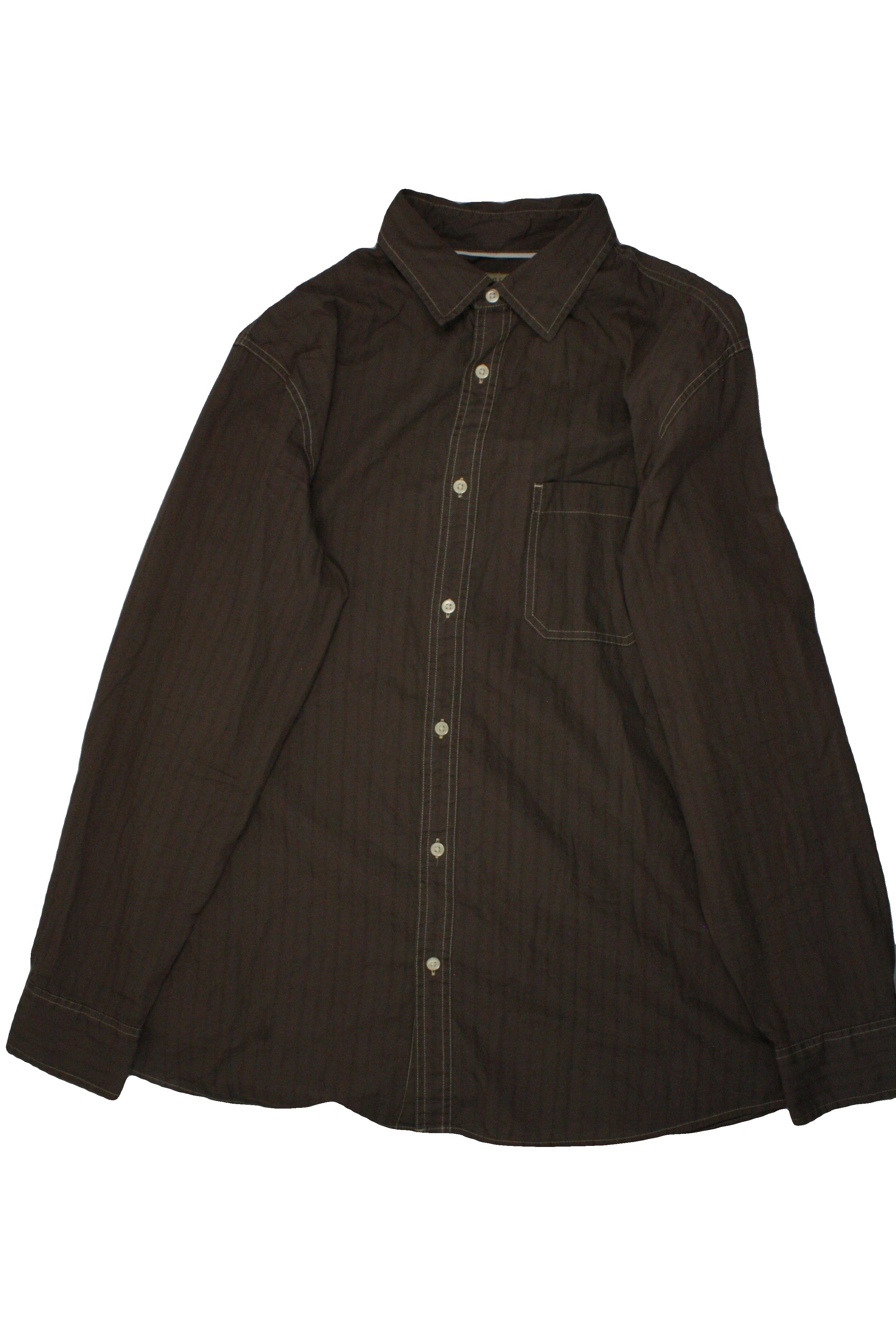 Sonoma Men's Light Brown/Cream Long Sleeve Shirt with 1 Pocket, Rounded Hem, Contrast Stitching – Size L