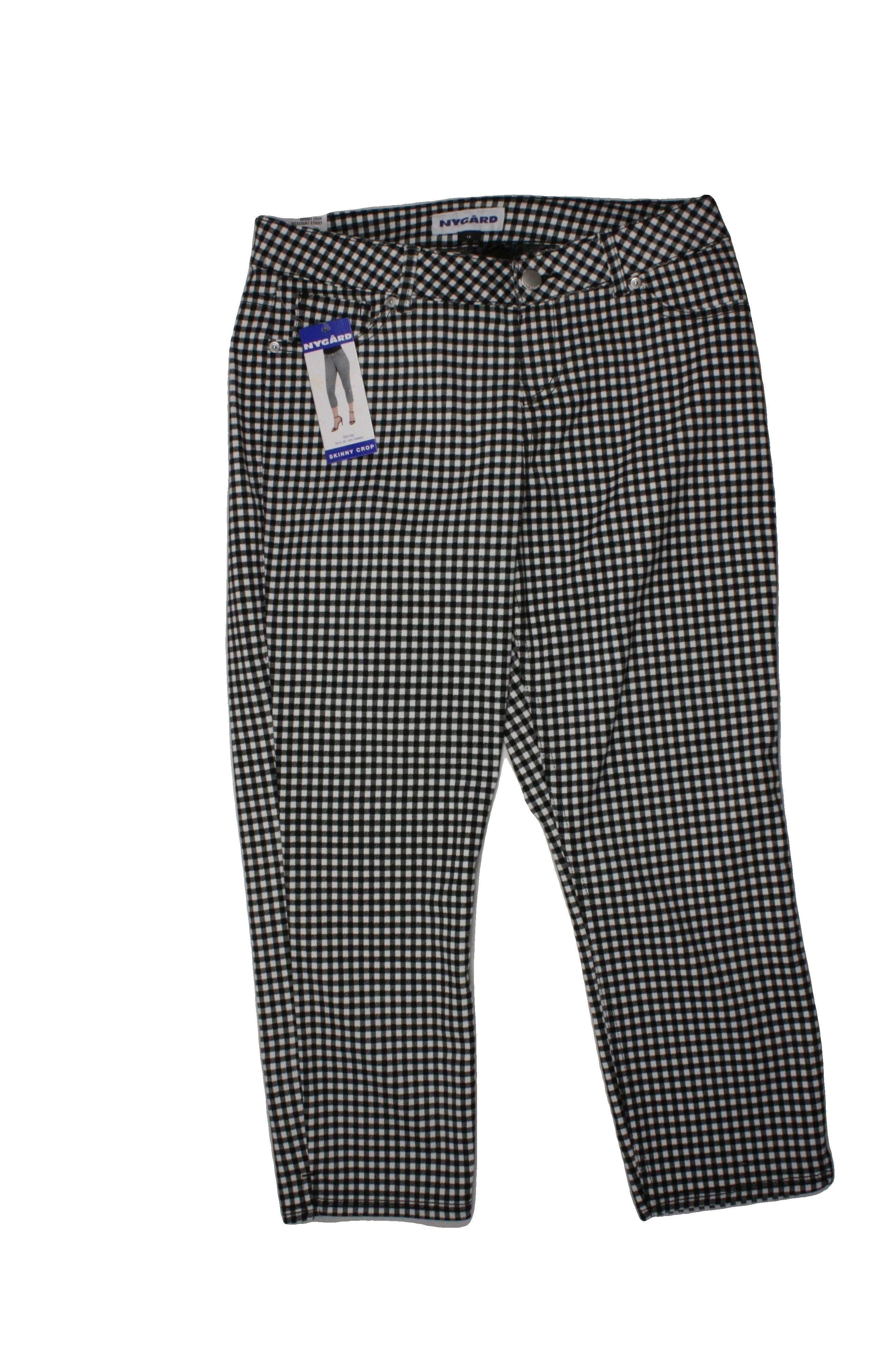 Nygard Collection Women's Black/White Capris with 3 Pockets, Tapered, Check, Stretch – Size W28