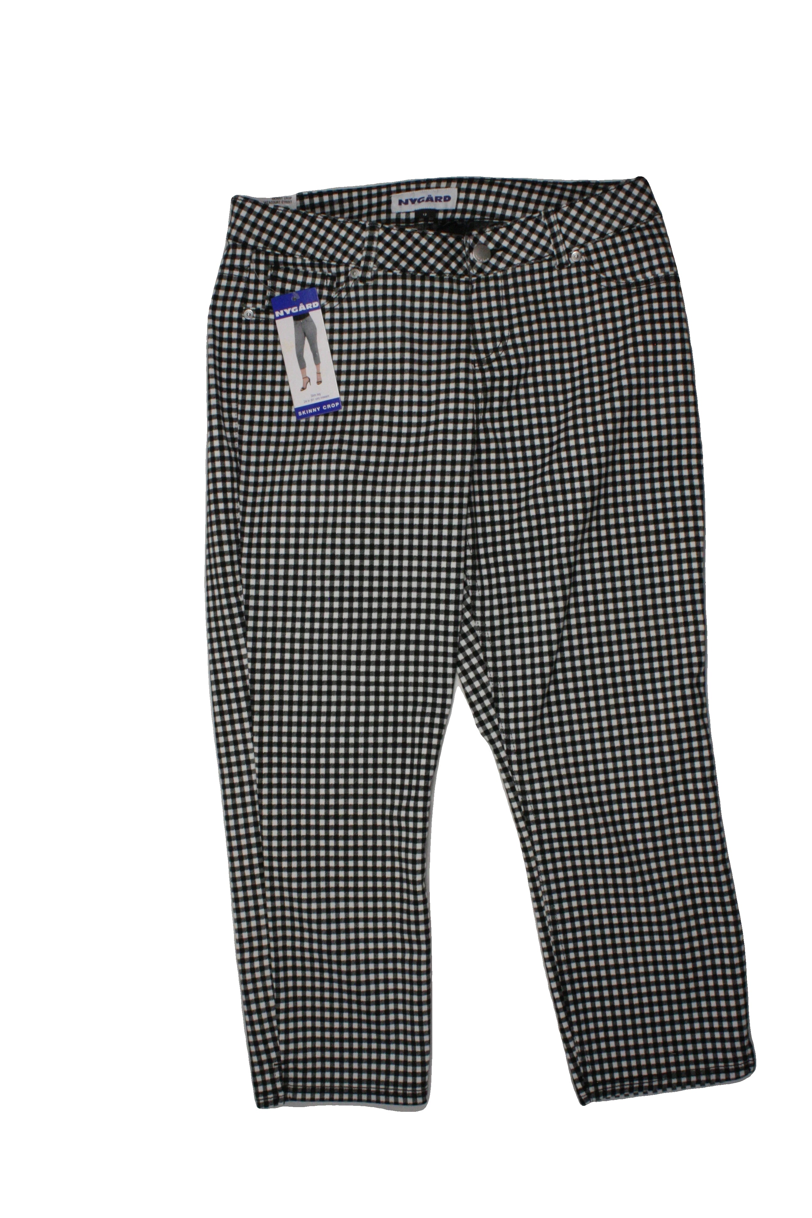 Nygard Collection Women's Black/White Capris with 3 Pockets, Tapered, Check, Stretch – Size W28