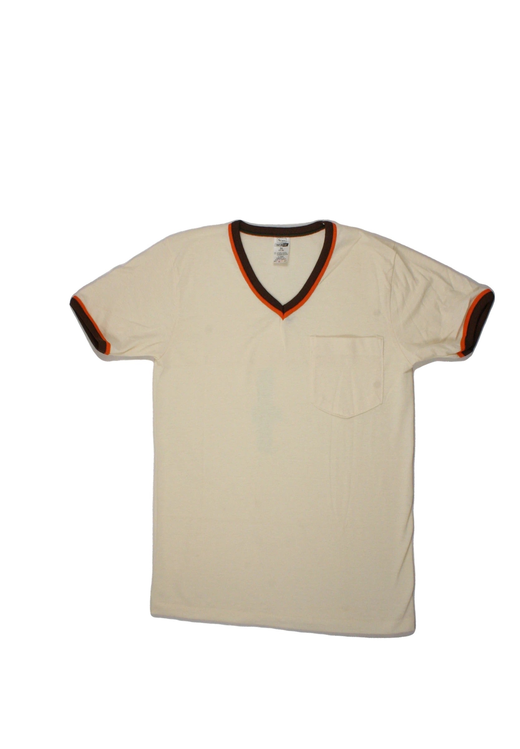 Sears Women's Cream/Brown/Orange Short Sleeve V-Neck Top with Contrast Trim, Semi-Sheer, Sheer, Vintage – Size 36