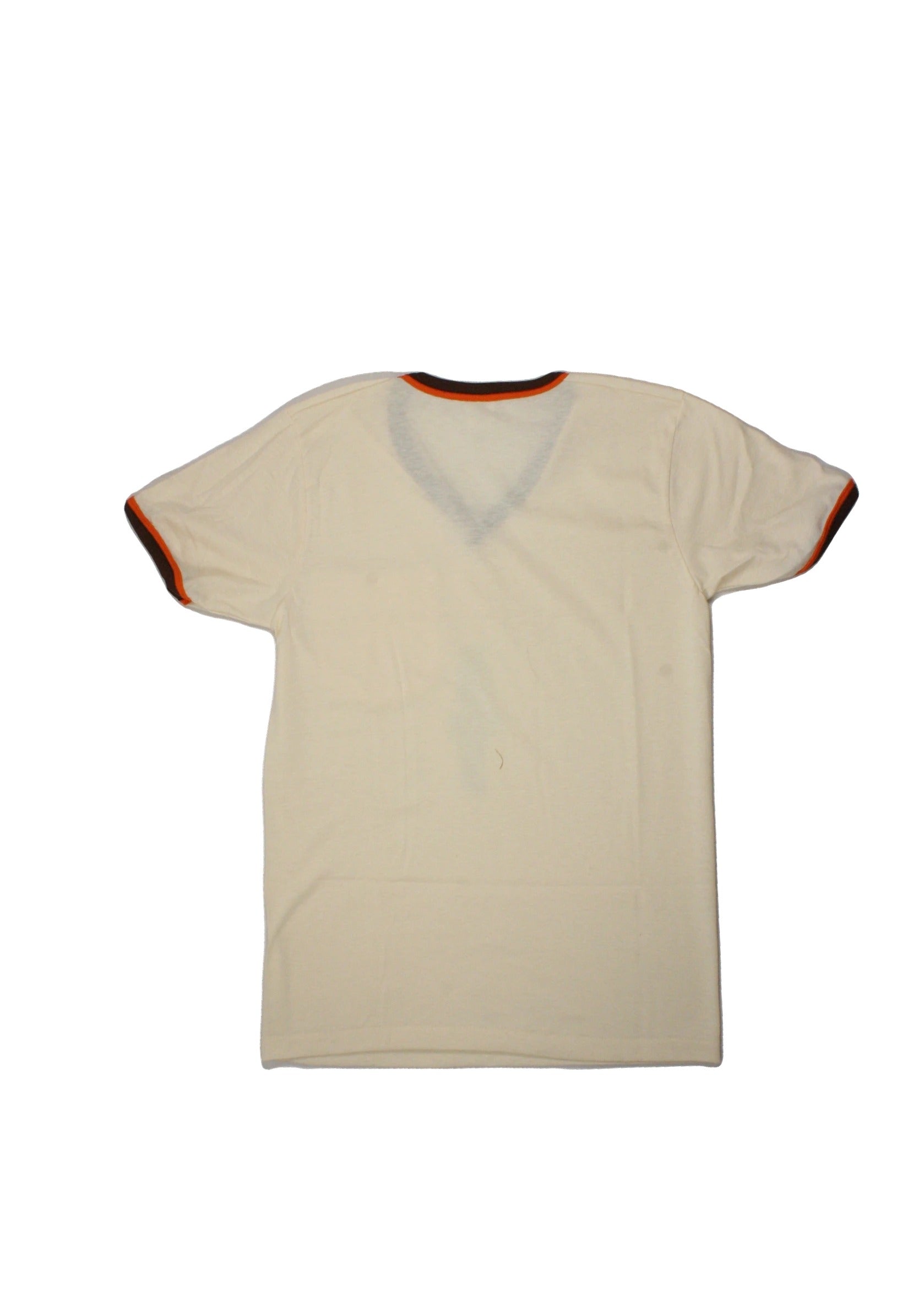 Sears Women's Cream/Brown/Orange Short Sleeve V-Neck Top with Contrast Trim, Semi-Sheer, Sheer, Vintage – Size 36