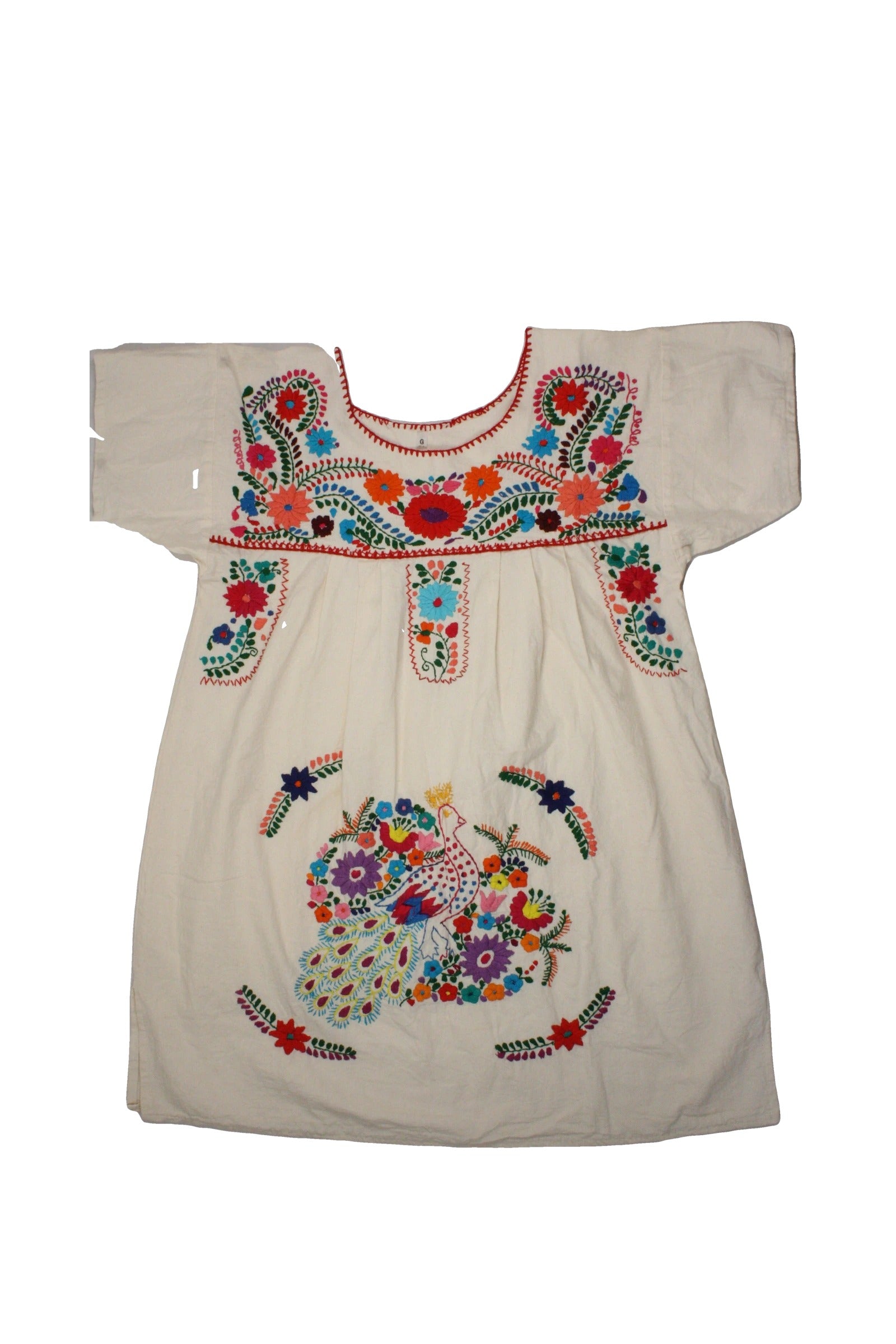 No Brand Women's Cream/Red/Blue/Orange Short Sleeve Round Neck Dress with Stitch Trim, Mini, Embroidered Flowers