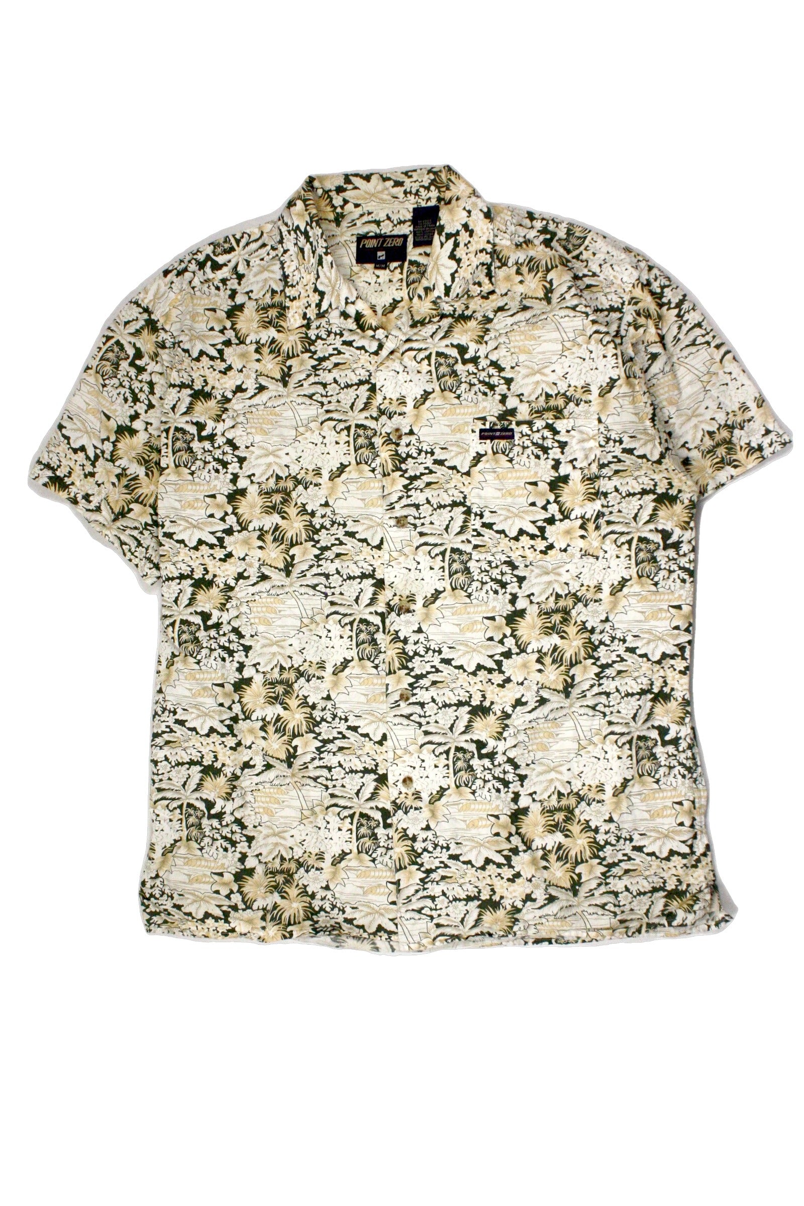 Point Zero Men's Cream/Green/Beige Short Sleeve Shirt with Cotton, 1 Pocket, Buttons, Tortoise Buttons – Size M