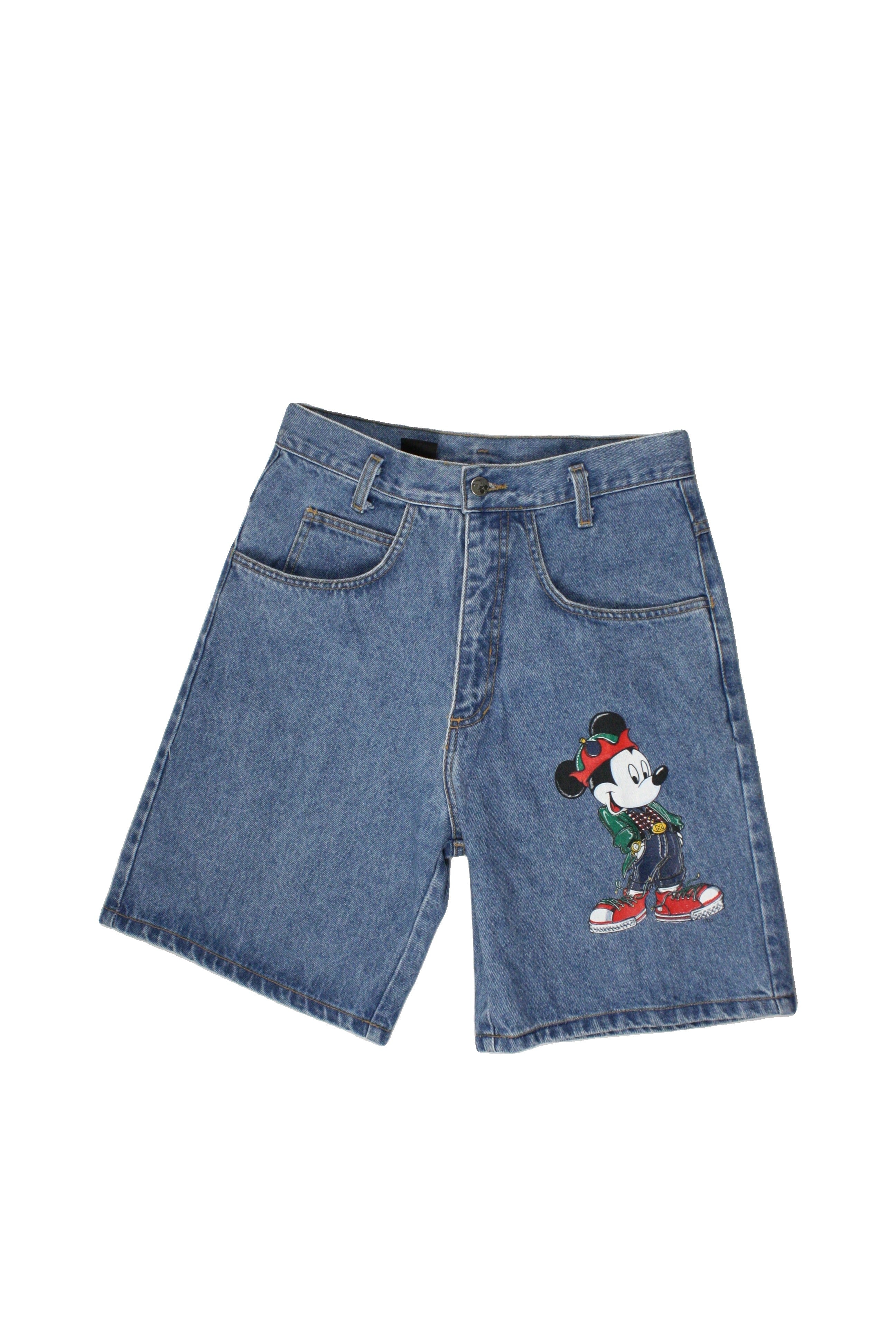 Mickey Unlimited Women's Blue/Black/Red/Green Shorts with Denim, High-Rise, Mickey Graphic at Leg – Size W28