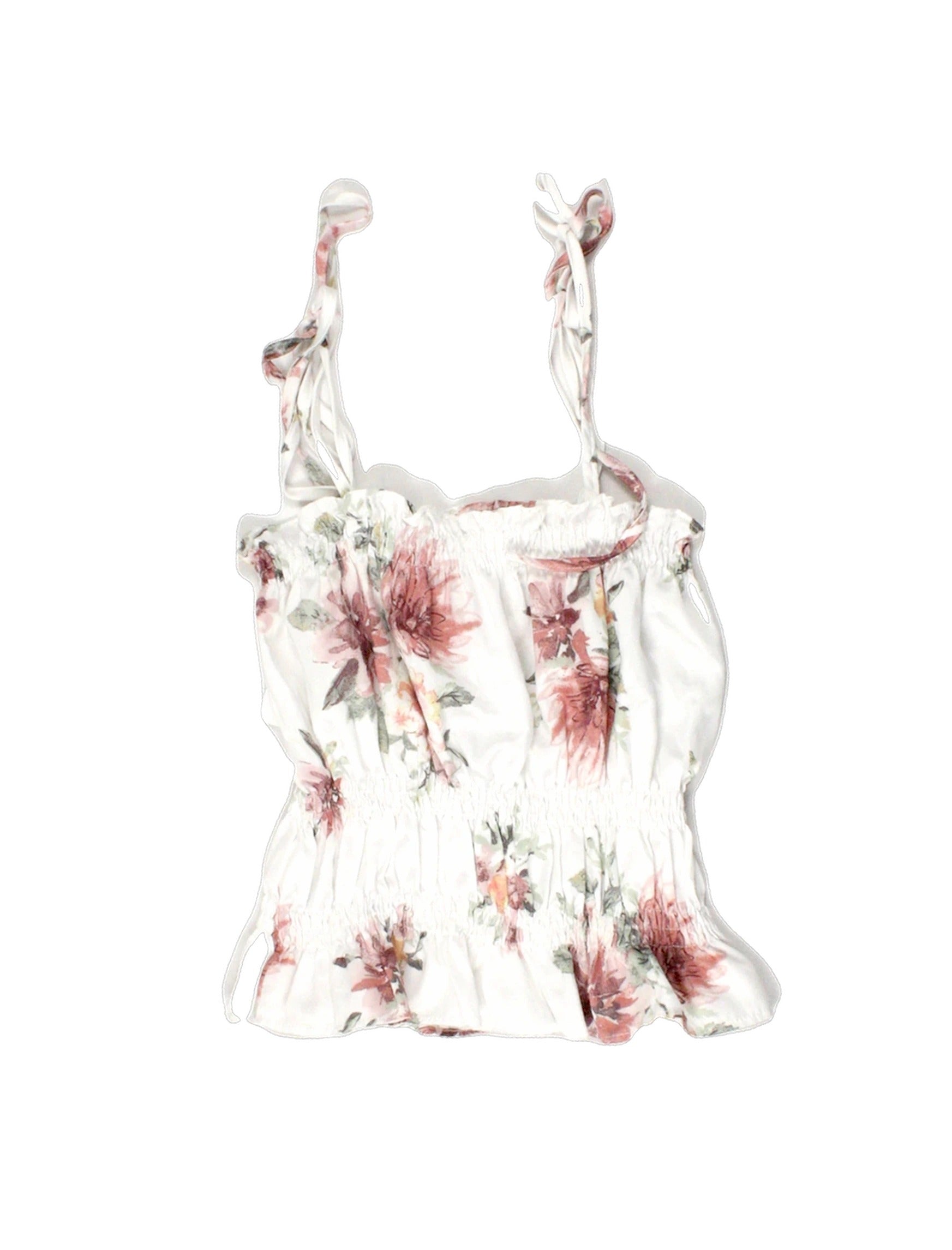 Missguided Women's White/Pink/Olive Sleeveless Top with Ruched Panels, Panels, Tie Straps, Floral Print – Size 6