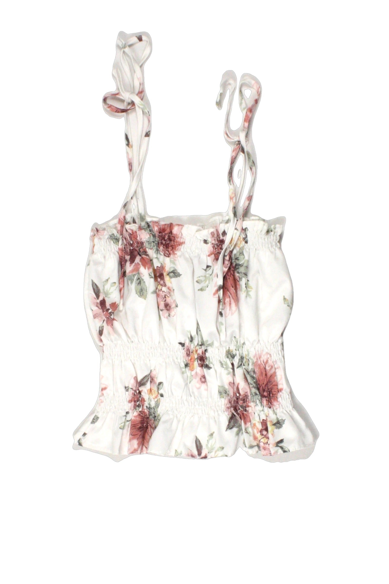 Missguided Women's White/Pink/Olive Sleeveless Top with Ruched Panels, Panels, Tie Straps, Floral Print – Size 6