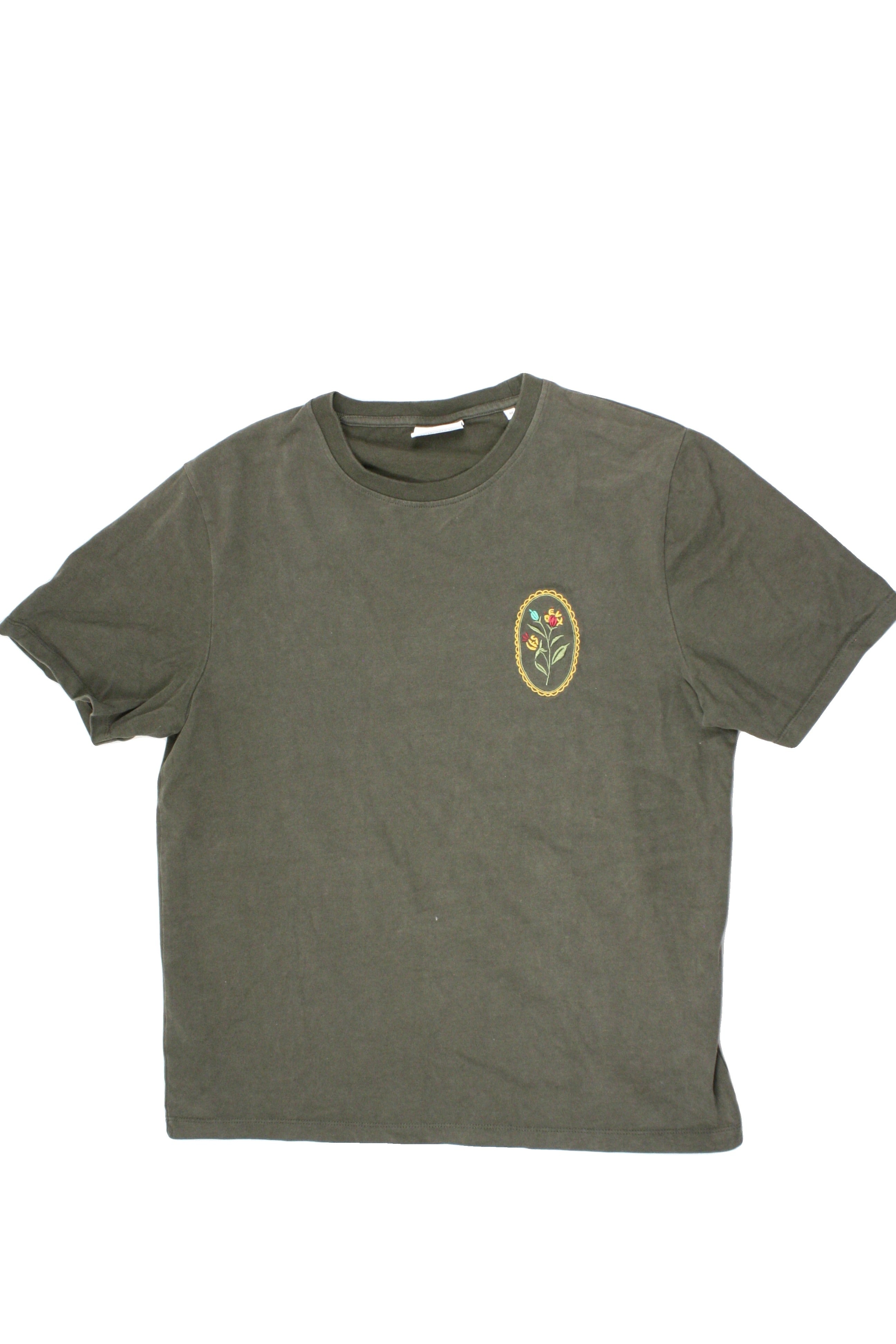 Les Deux Men's Mustard/Maroon/Teal Crew Neck Tee with Floral Embroidery – Size M
