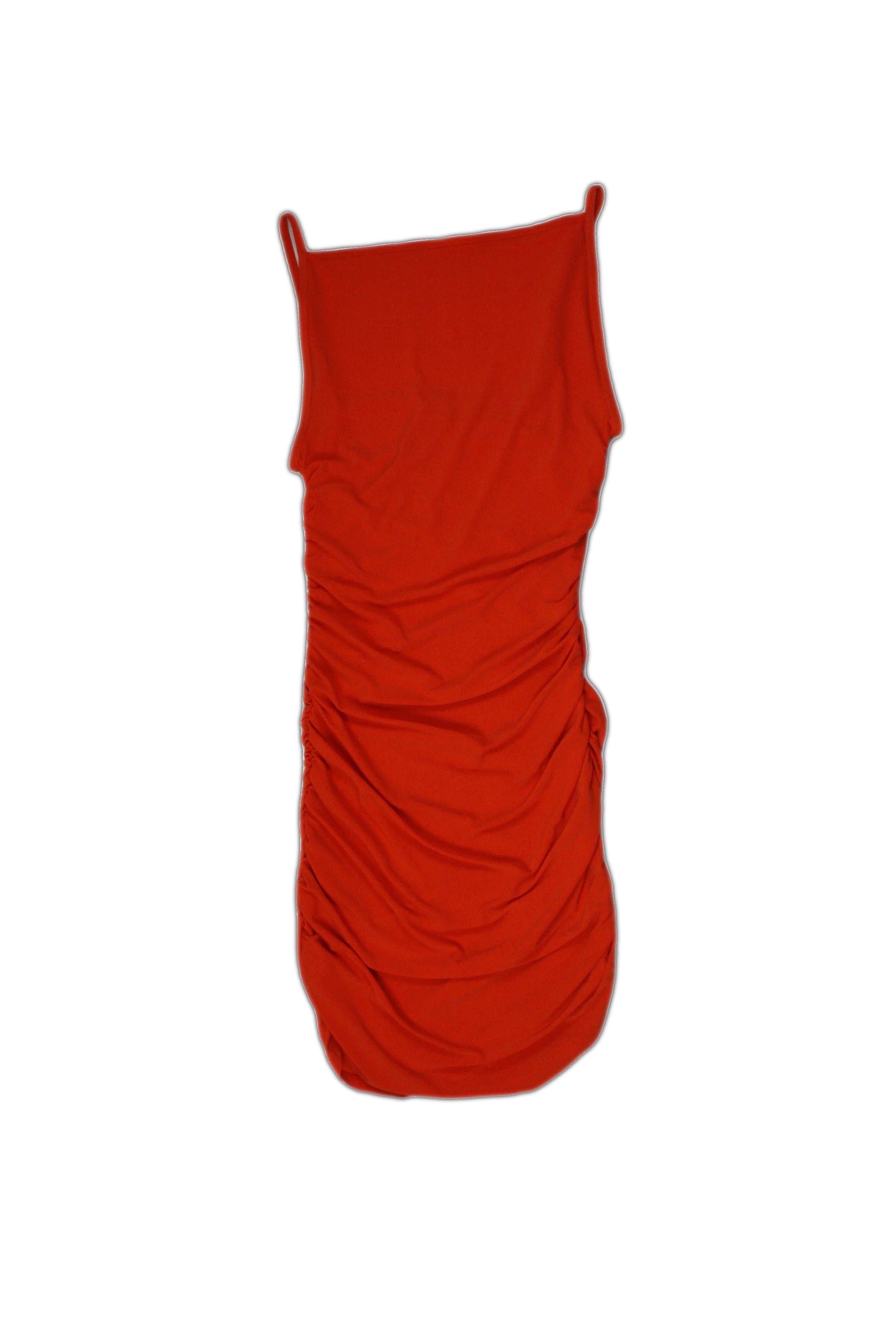 Babaton Women's Orange Spaghetti Strap Square Neck Dress with Midi, Side Ruching – Size S