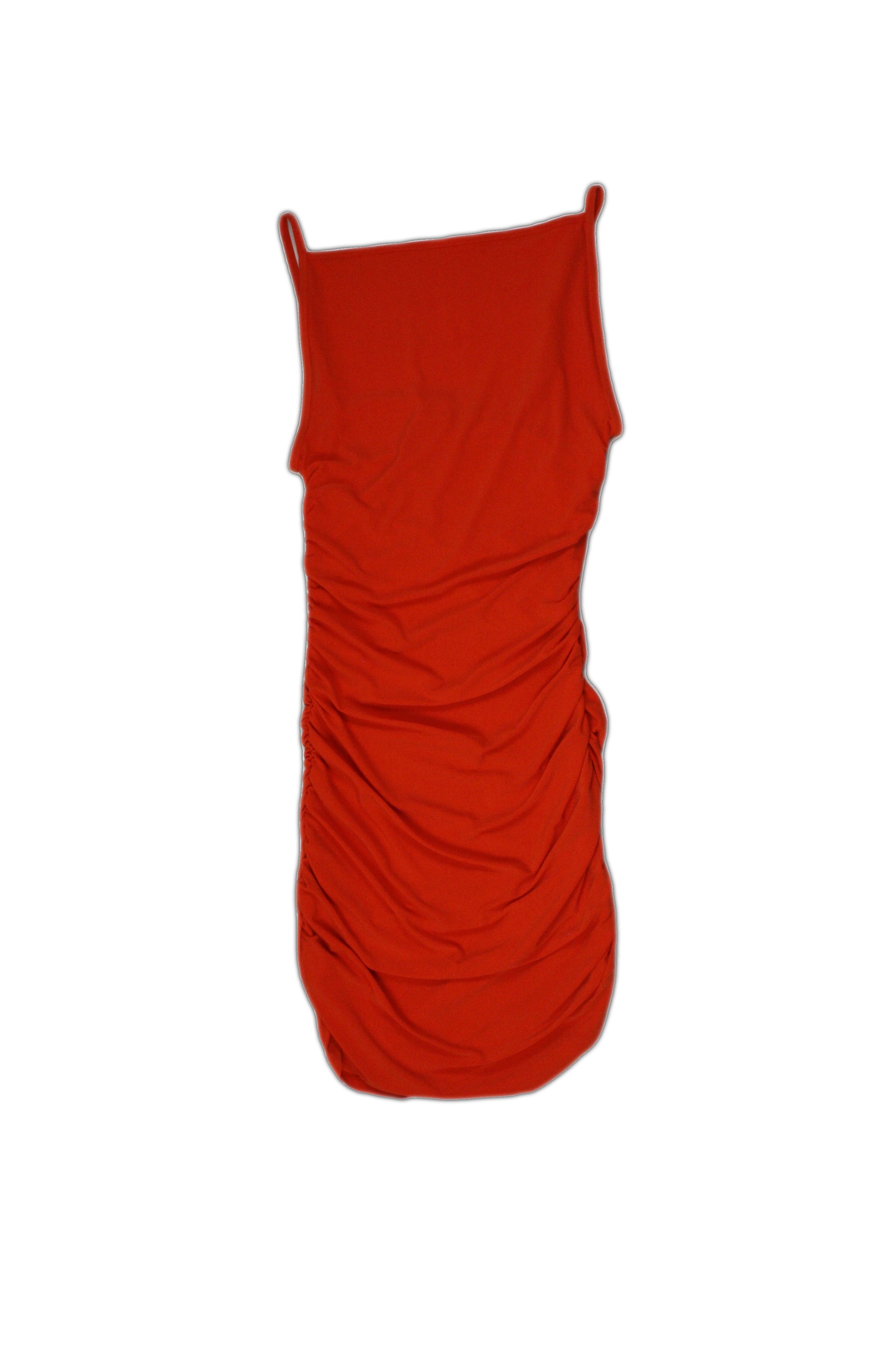 Babaton Women's Orange Spaghetti Strap Square Neck Dress with Midi, Side Ruching – Size S
