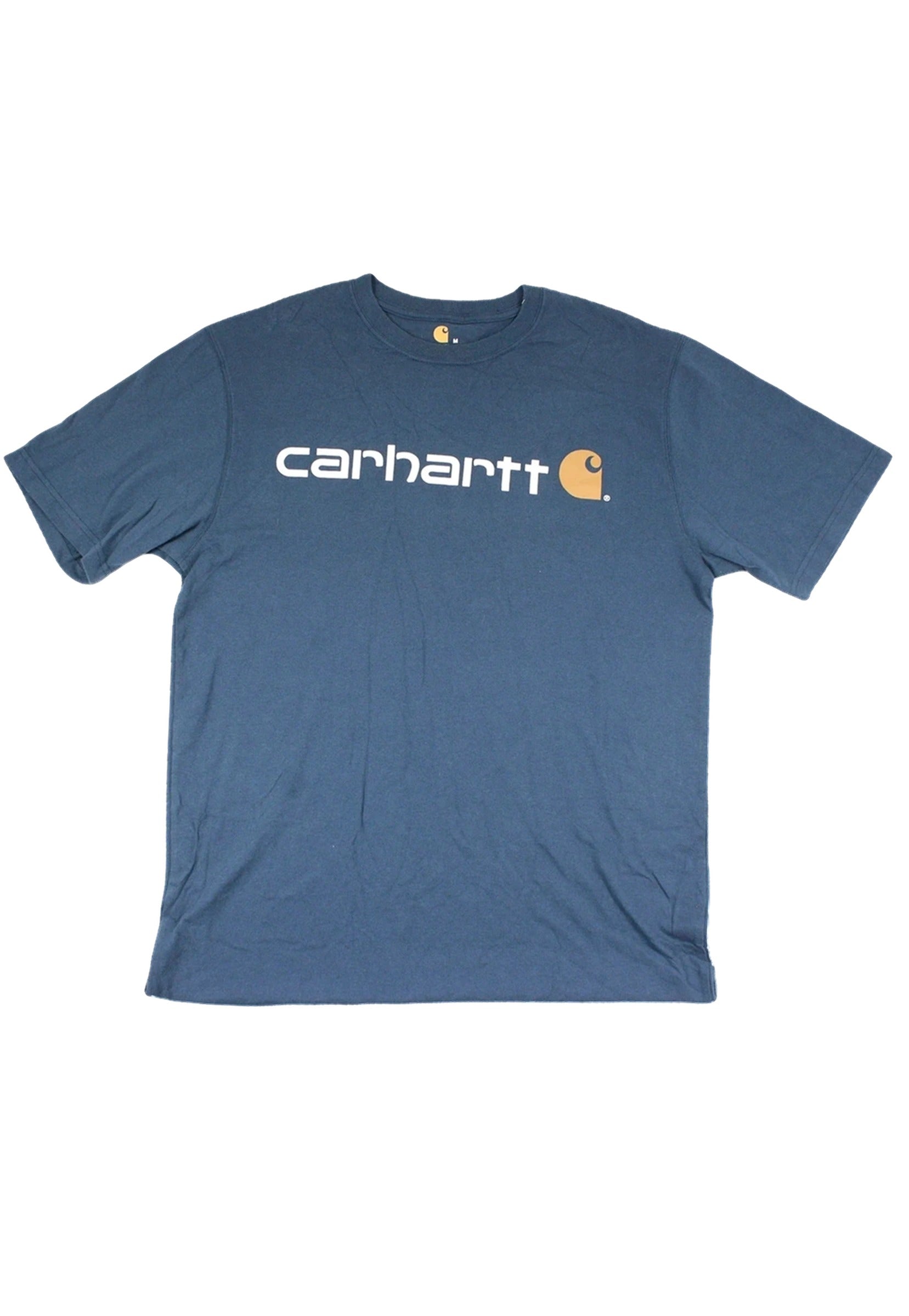 Carhartt Men's Blue/White/Orange Short Sleeve Round Neck Tee with Big Front Logo and Ribbed Trim – Size M