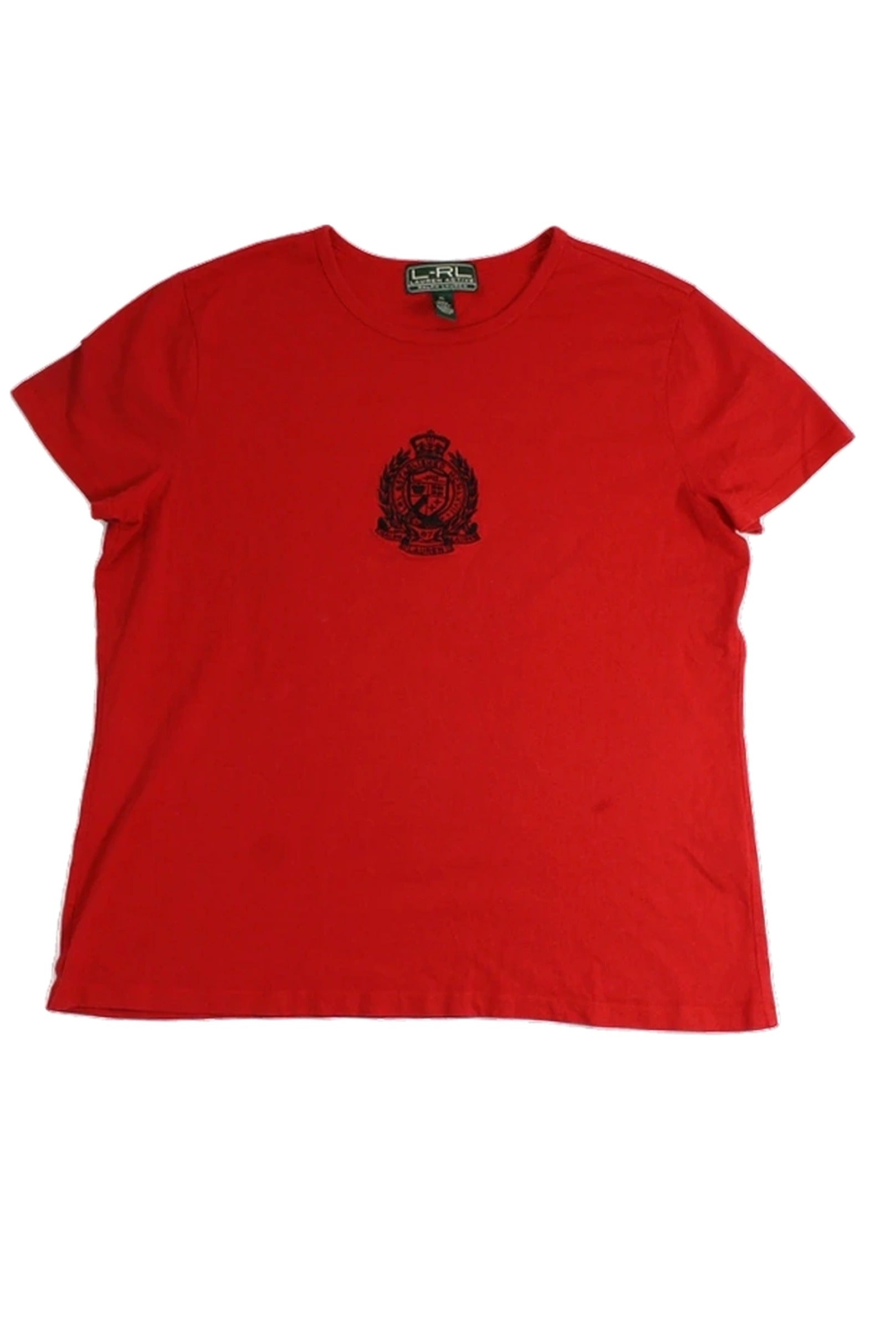 Lauren Ralph Lauren Active Women's Red/Black Short Sleeve Round Neck Top with Embroidered Signature Front Logo and Ribbed Trim