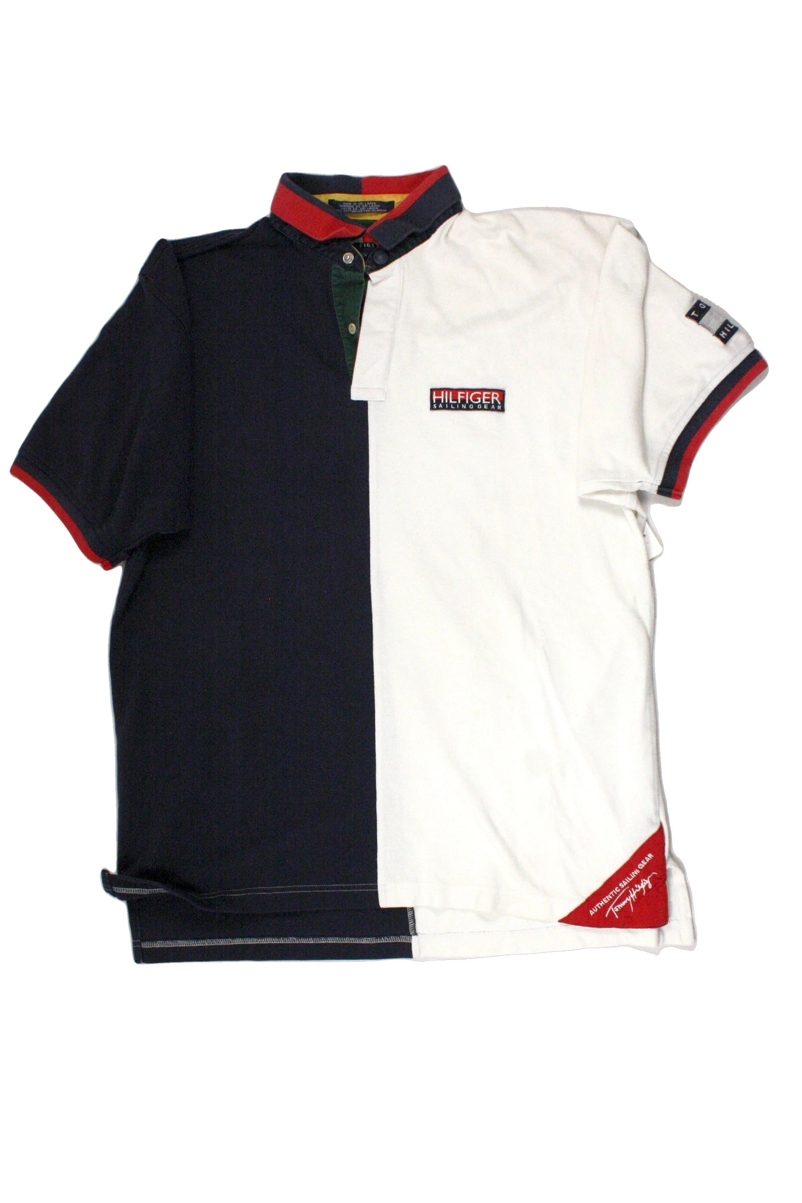 Tommy Hilfiger Men's White/Navy/Red Short Sleeve Top with Patch Logo, Ribbed Trim, Contrast Panels, Panels – Size L