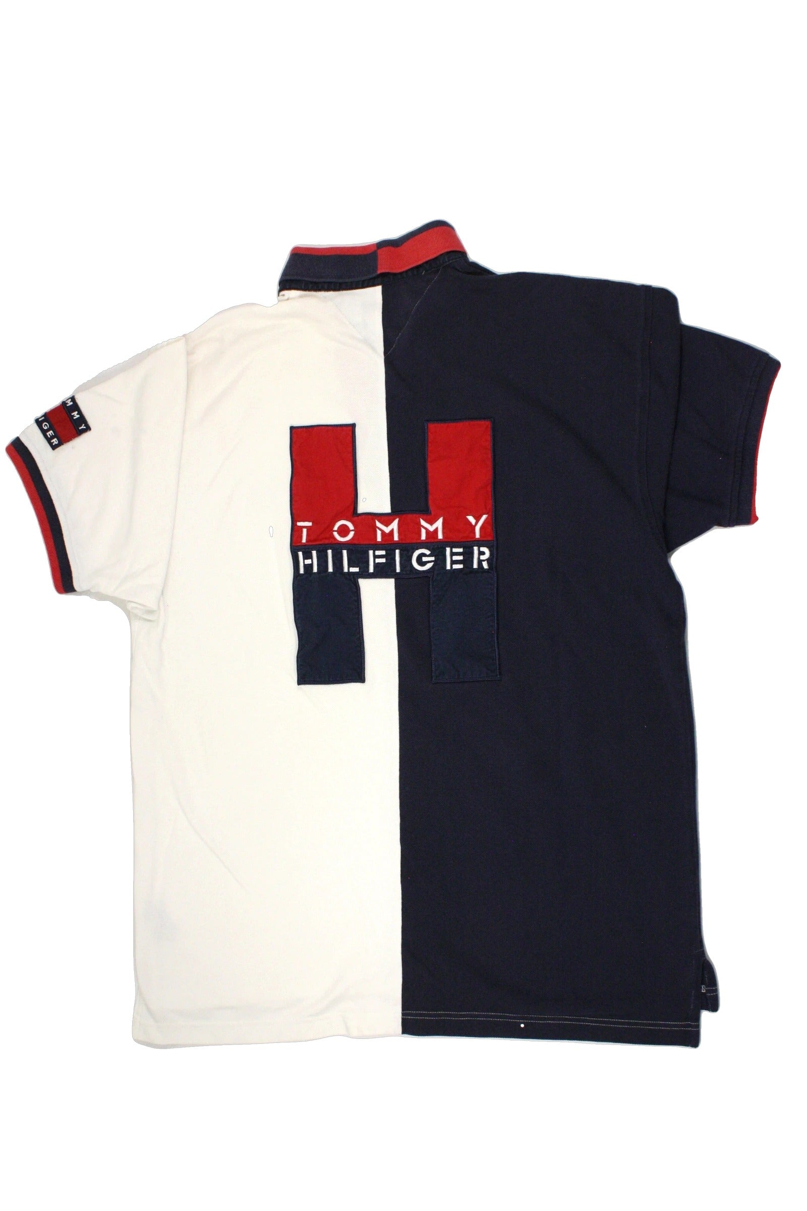 Tommy Hilfiger Men's White/Navy/Red Short Sleeve Top with Patch Logo, Ribbed Trim, Contrast Panels, Panels – Size L