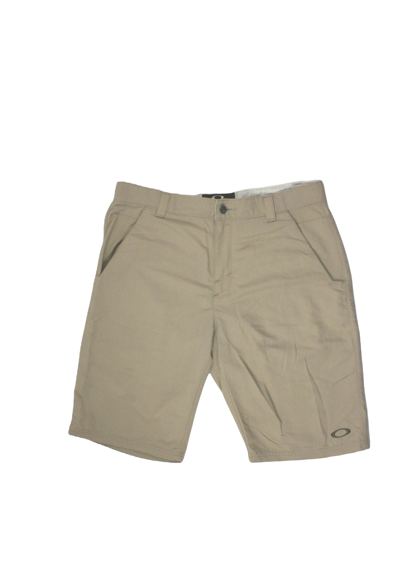 Oakley Men's Tan Long Shorts with Four Pockets, Back Tab Logo, and Belt Loops – Size W38