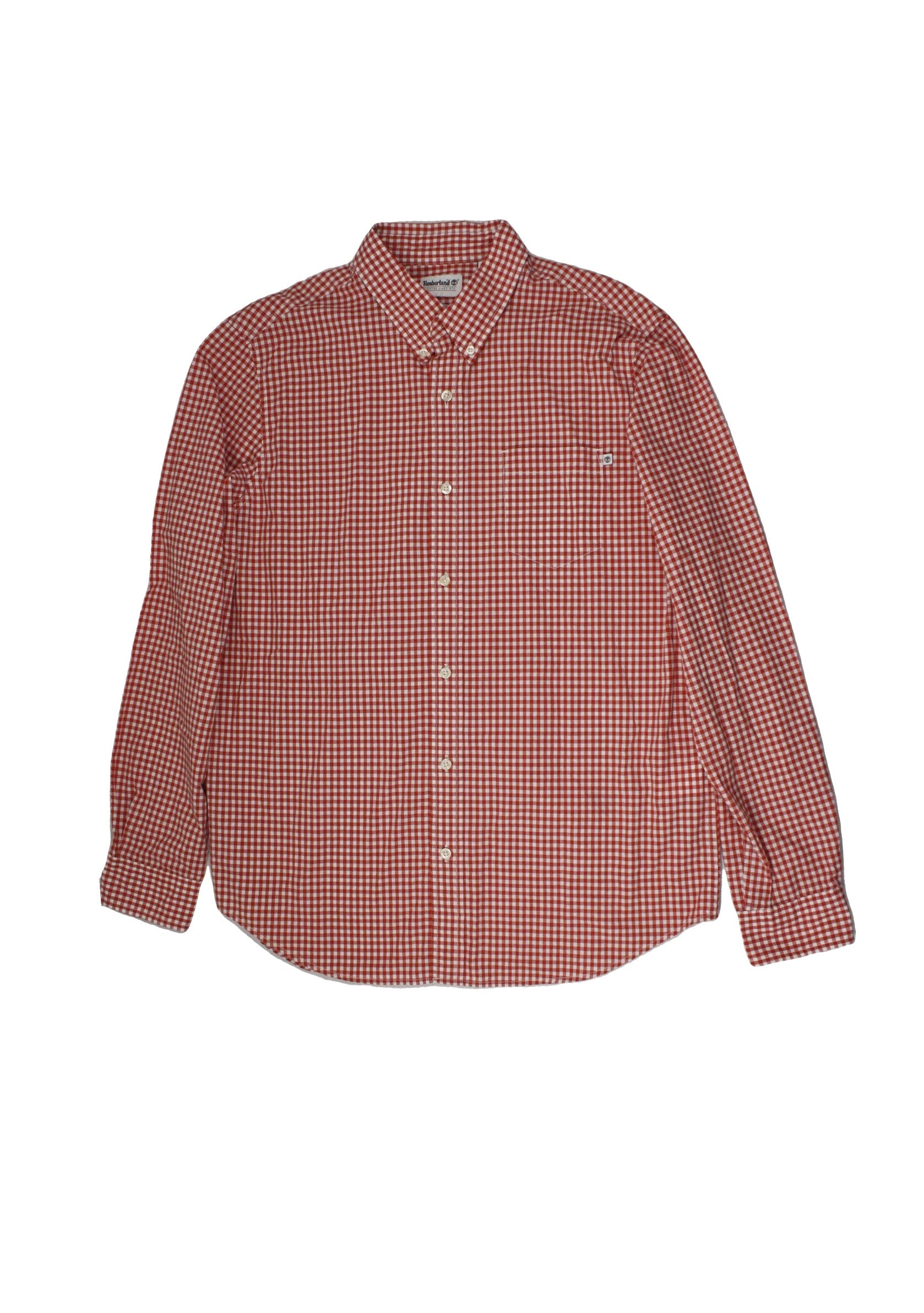 Timberland Men's White/Orange Gingham Long Sleeve Shirt with Cream Buttons, One Pocket, and Back Pleat – Size L