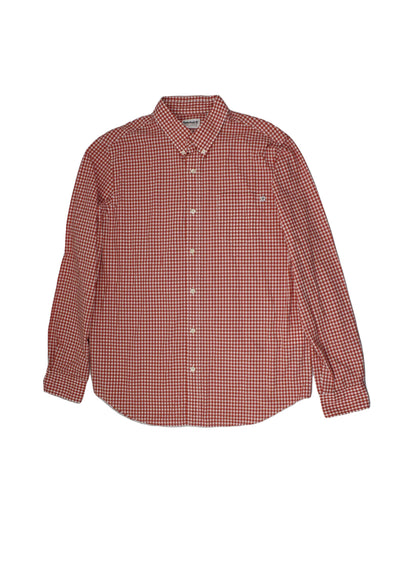 Timberland Men's White/Orange Gingham Long Sleeve Shirt with Cream Buttons, One Pocket, and Back Pleat – Size L