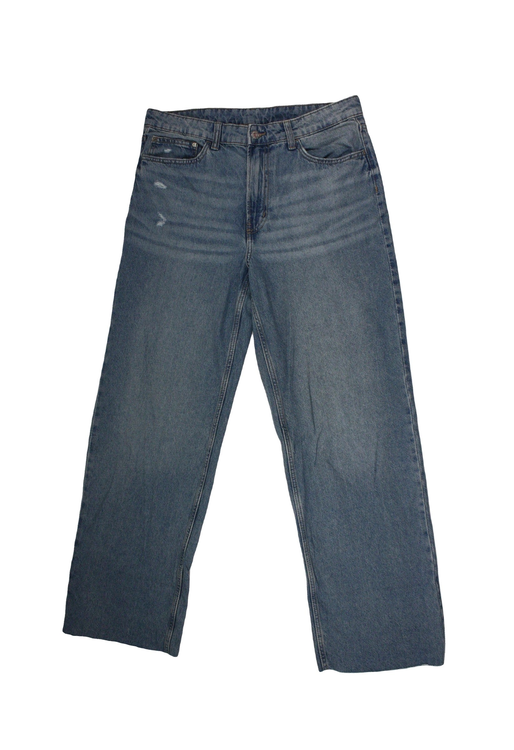 & Denim by H&M Women's Blue Medium Wash High-Rise Wide-Leg Jeans with Distressed Details and Five Pockets – Size W34