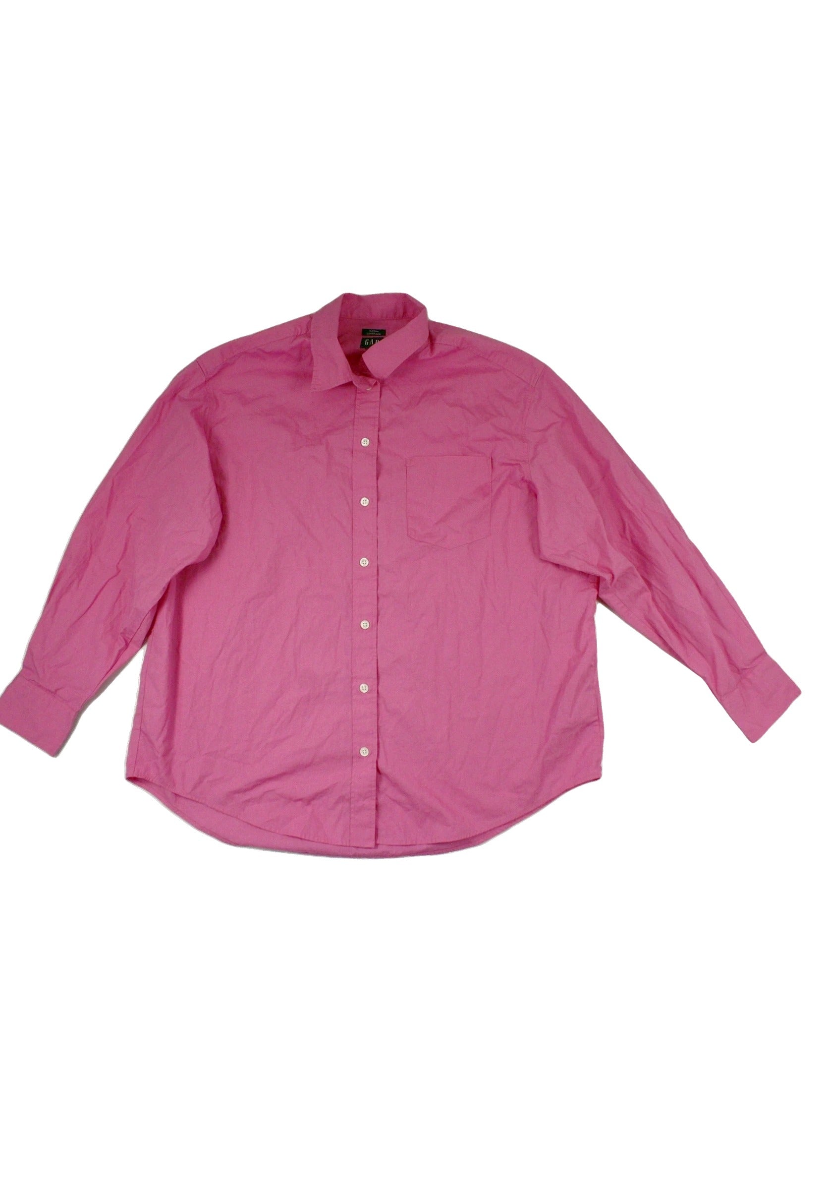 Gap Women's Pink Long Sleeve Cotton Shirt with Cream Buttons, One Pocket, and Back Pleat – Size M