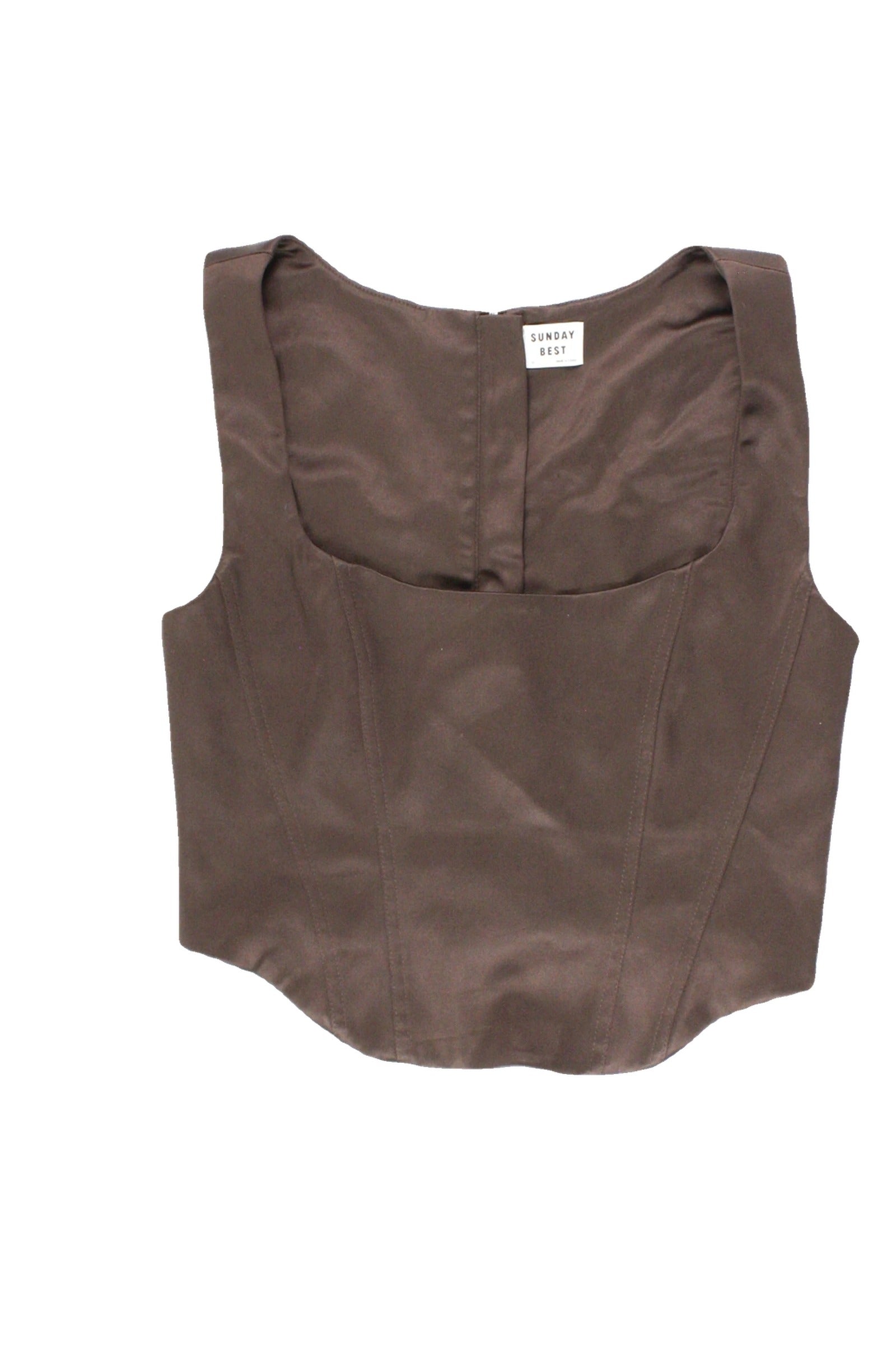 Sunday Best Women's Brown Satin Sleeveless Bustier Top with Round-Square Neckline, Paneling, and Back Zip – Size 10