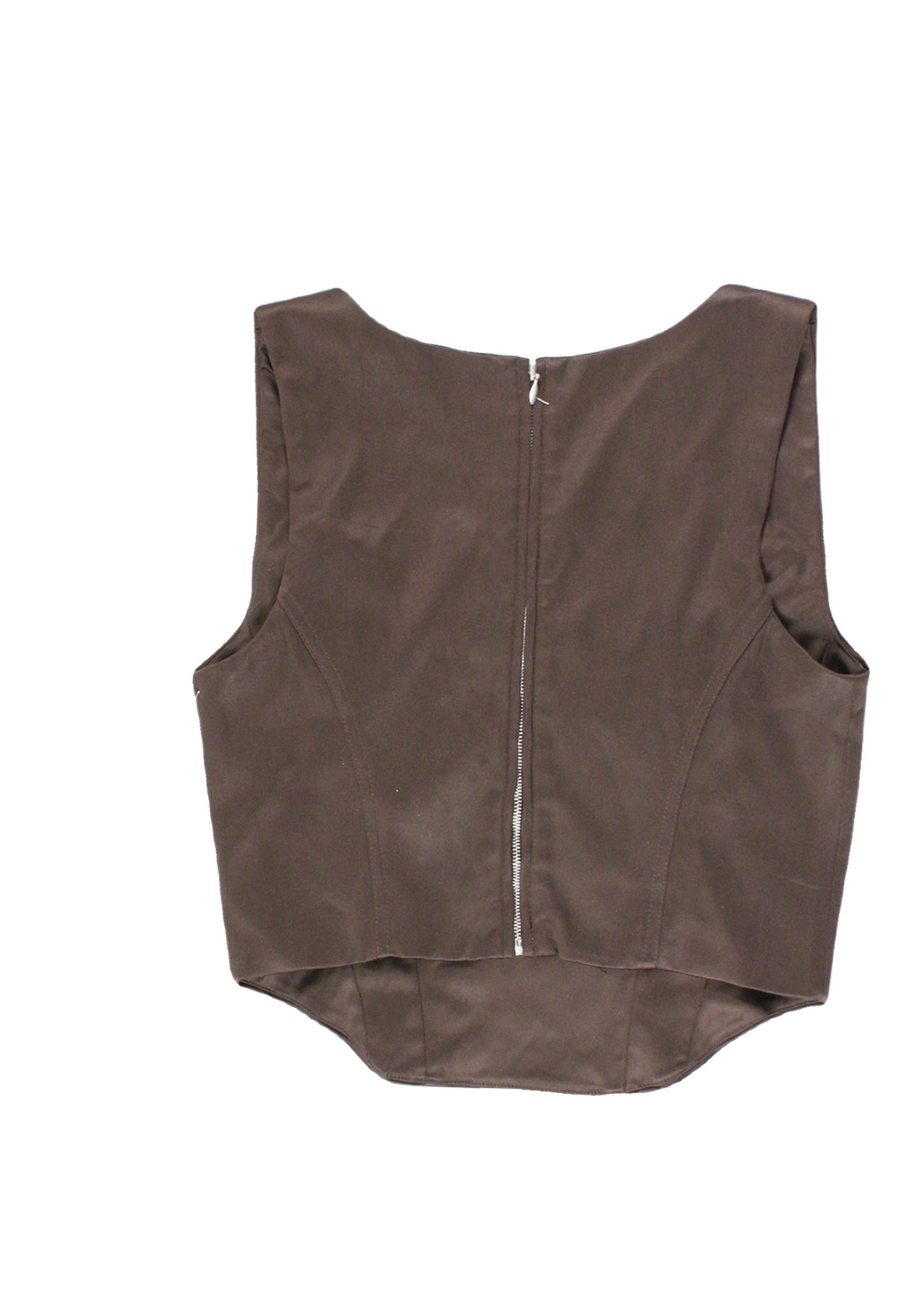Sunday Best Women's Brown Satin Sleeveless Bustier Top with Round-Square Neckline, Paneling, and Back Zip – Size 10