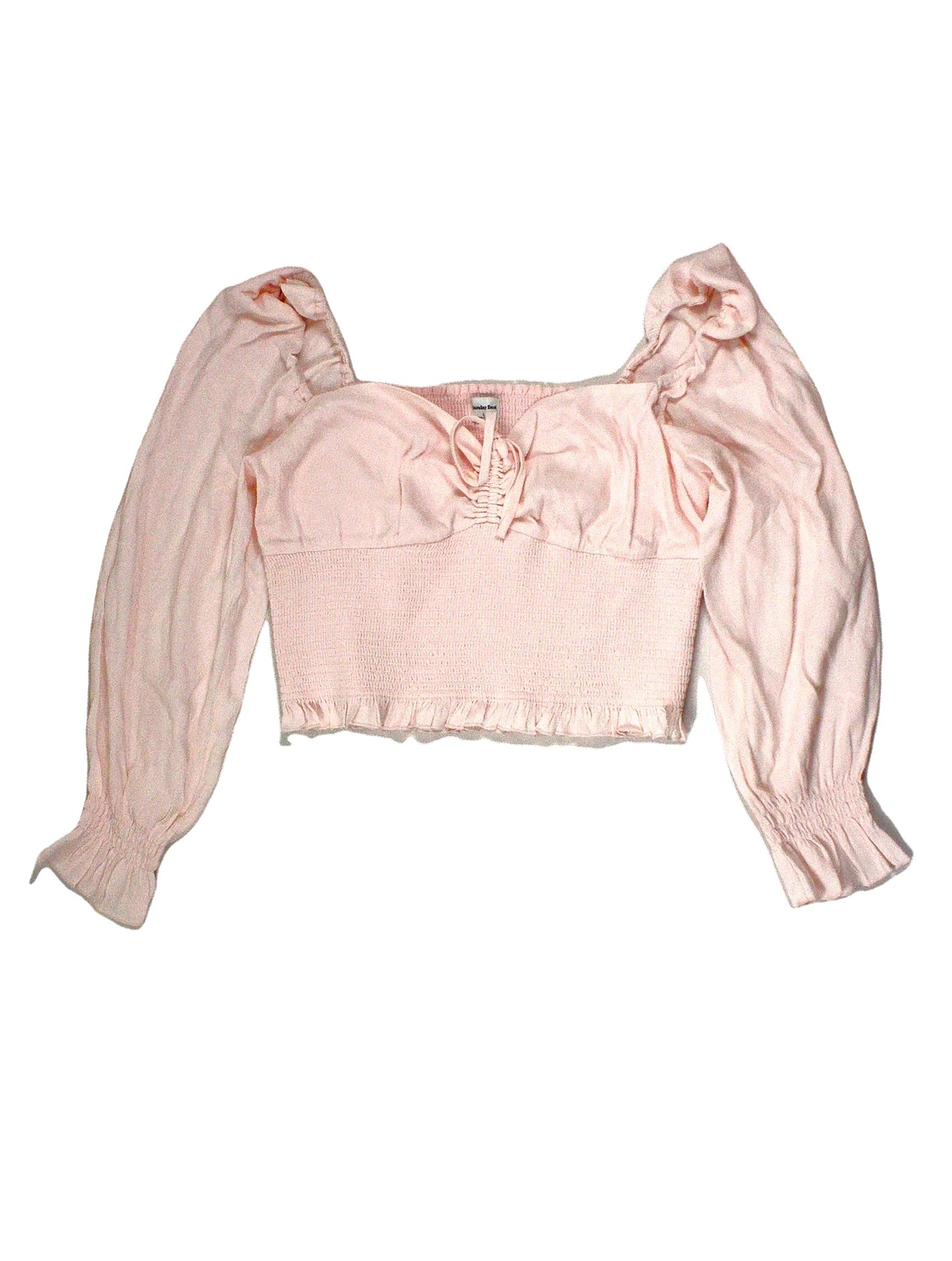 Sunday Best Women's Light Pink Long Puff Sleeve Bustier Top with Ruched Panel and Front Ties – Size L