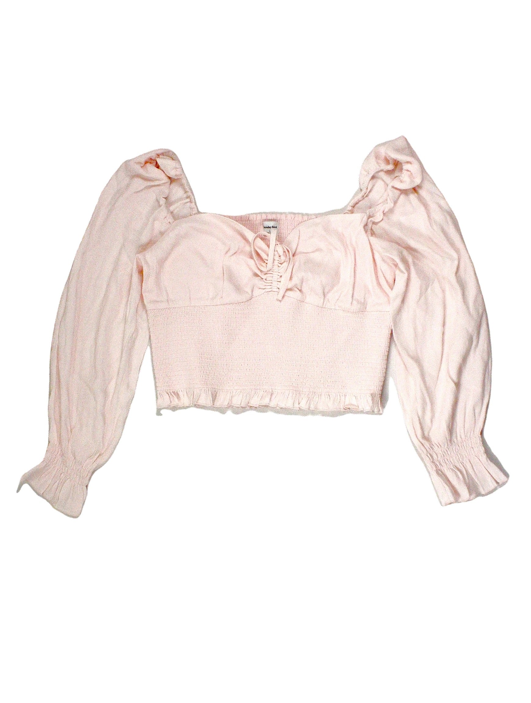 Sunday Best Women's Light Pink Long Puff Sleeve Bustier Top with Ruched Panel and Front Ties – Size L