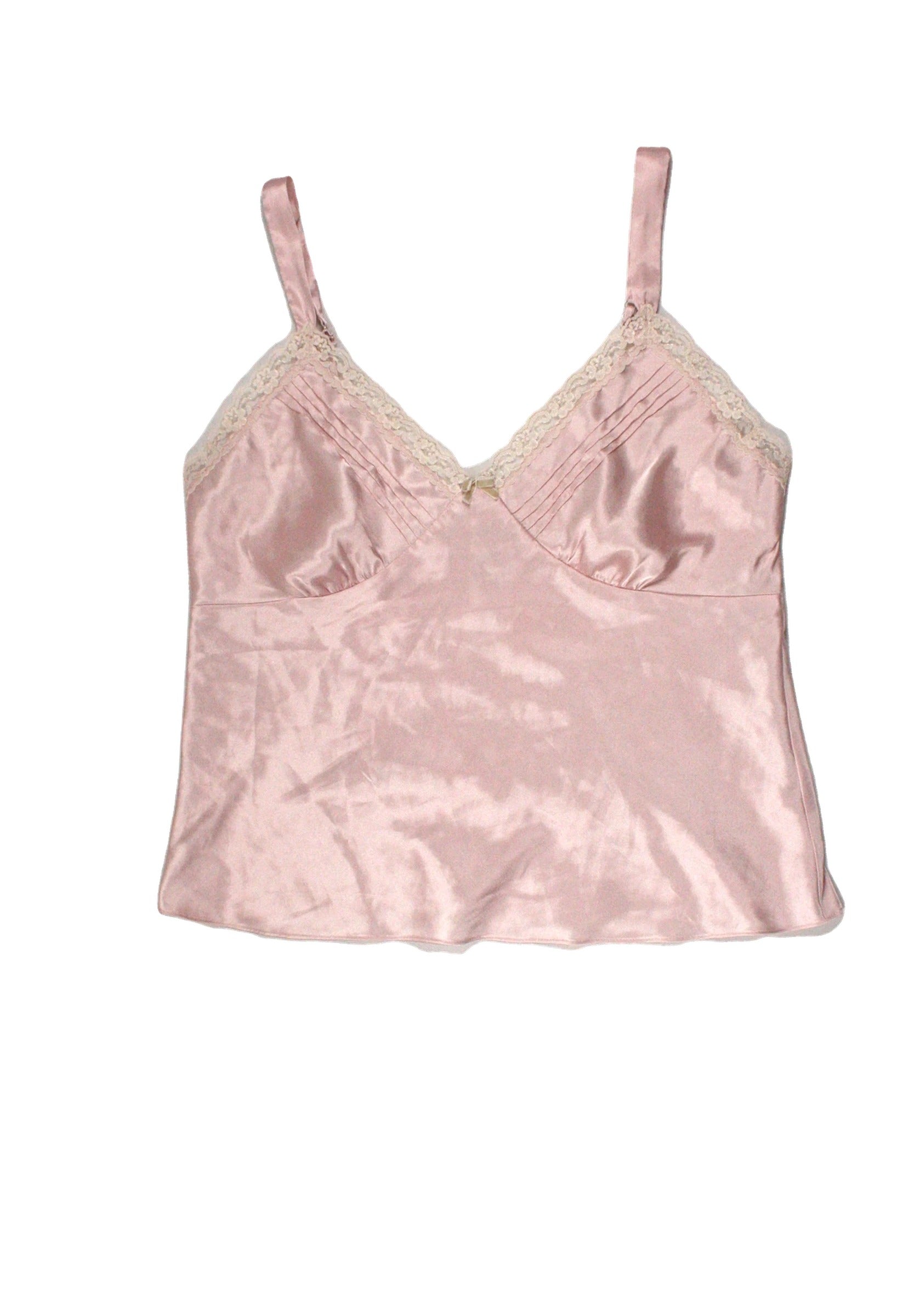 California Dynasty Women's Pink/Cream Satin Sleeveless Baby Doll V-Neck Top with Lace Trim and Front Bow