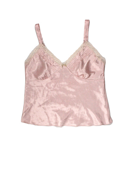 California Dynasty Women's Pink/Cream Satin Sleeveless Baby Doll V-Neck Top with Lace Trim and Front Bow