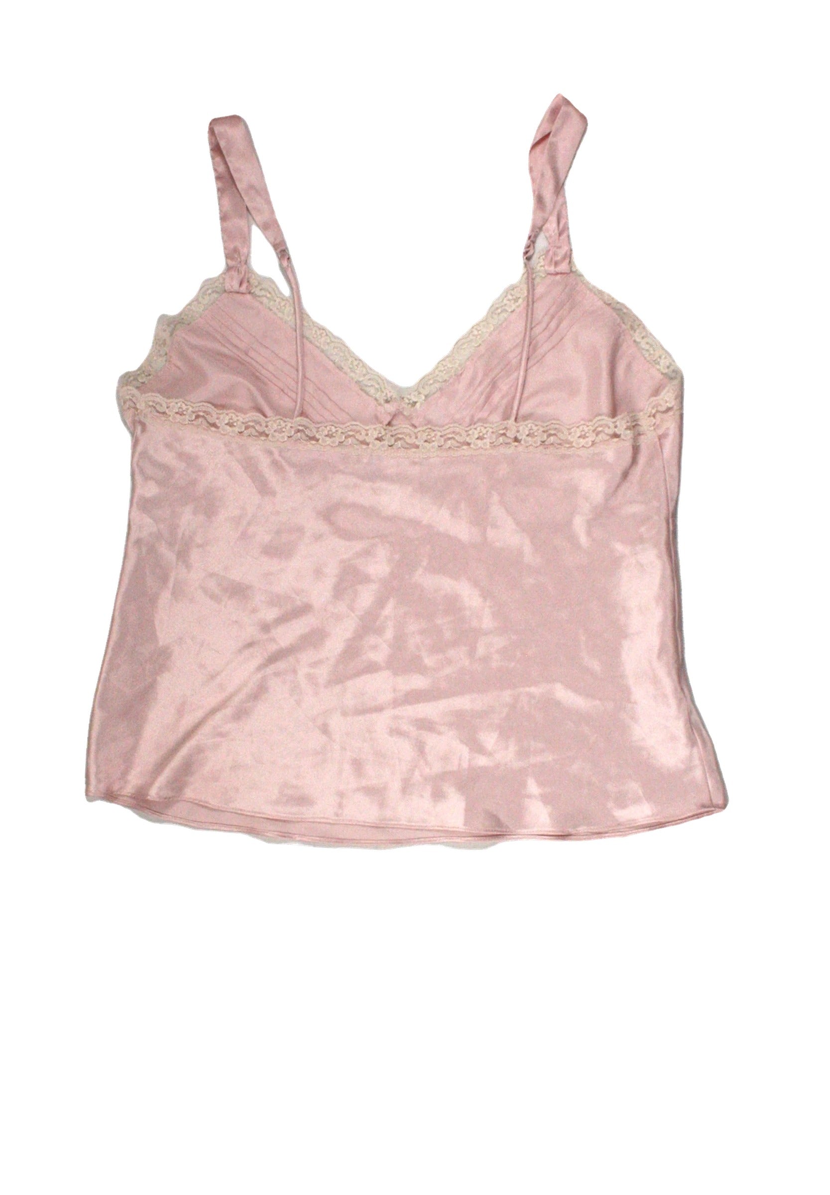 California Dynasty Women's Pink/Cream Satin Sleeveless Baby Doll V-Neck Top with Lace Trim and Front Bow