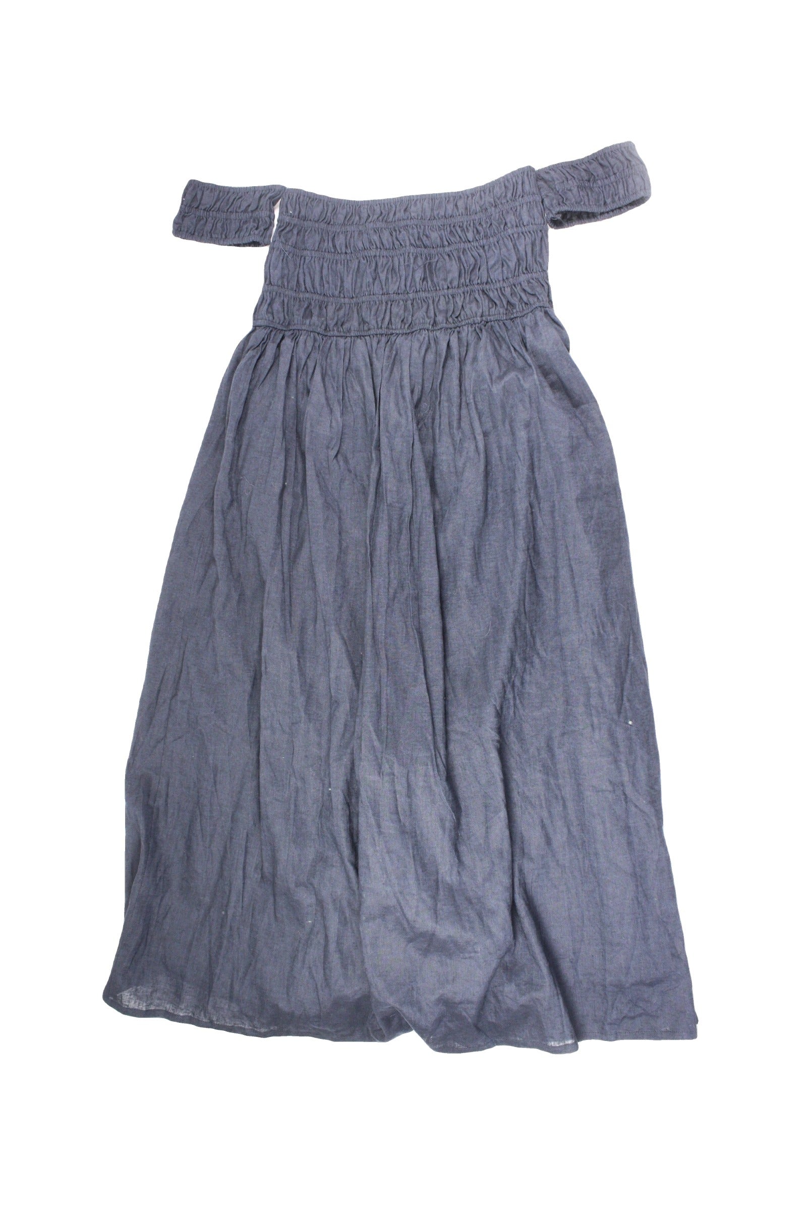The Editors Market Women's Navy Short Sleeve Off-Shoulder Maxi Dress with Side Slit and Ruching – Size XL