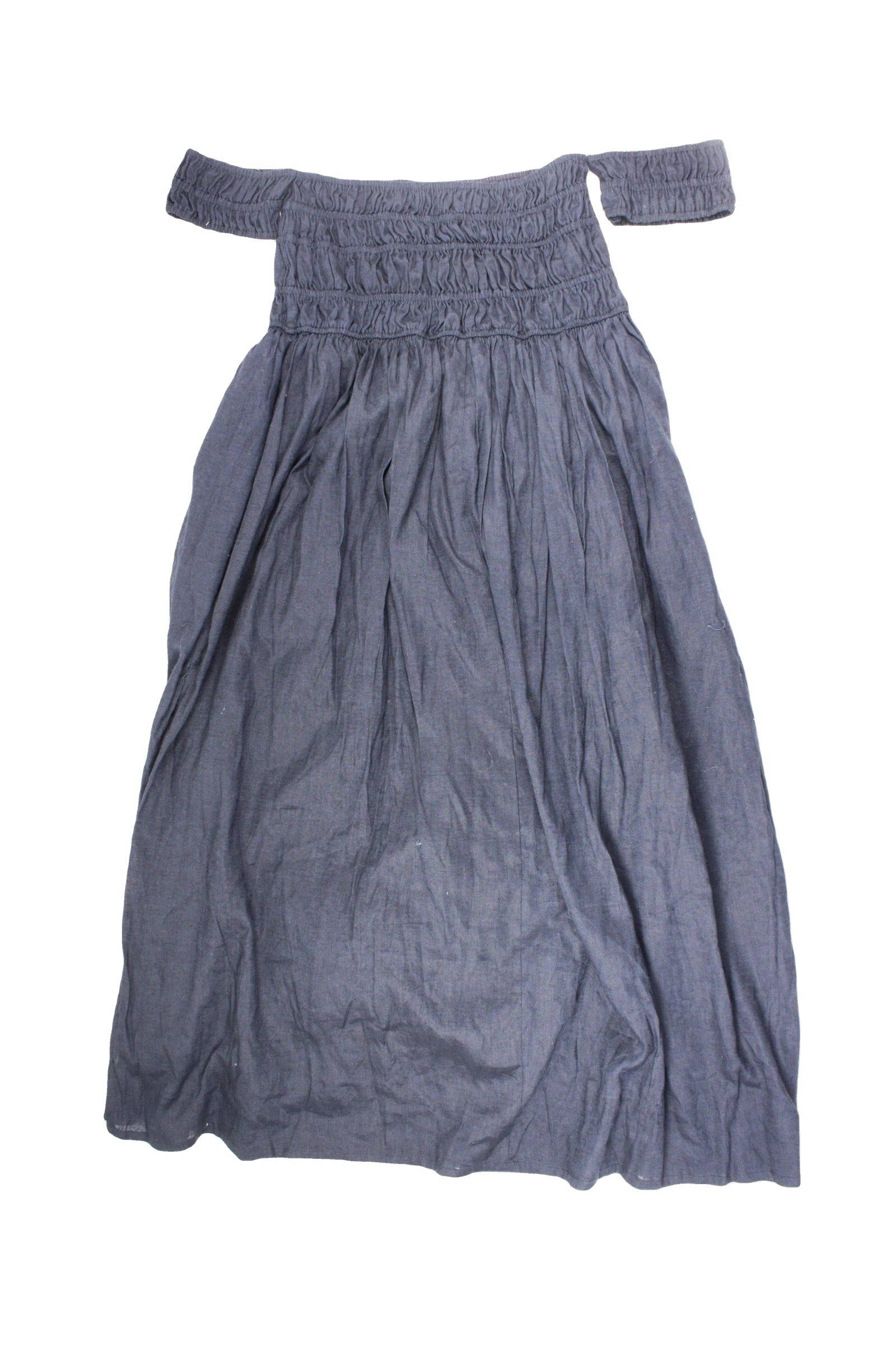 The Editors Market Women's Navy Short Sleeve Off-Shoulder Maxi Dress with Side Slit and Ruching – Size XL
