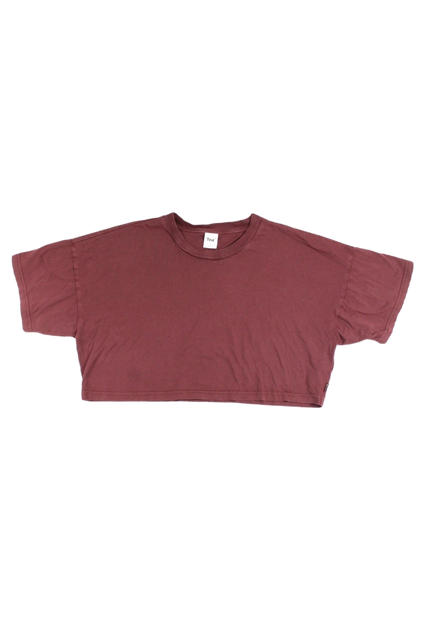 TNA Women's Maroon Short Sleeve Cropped Round Neck Ribbed Trim Tee – Size L