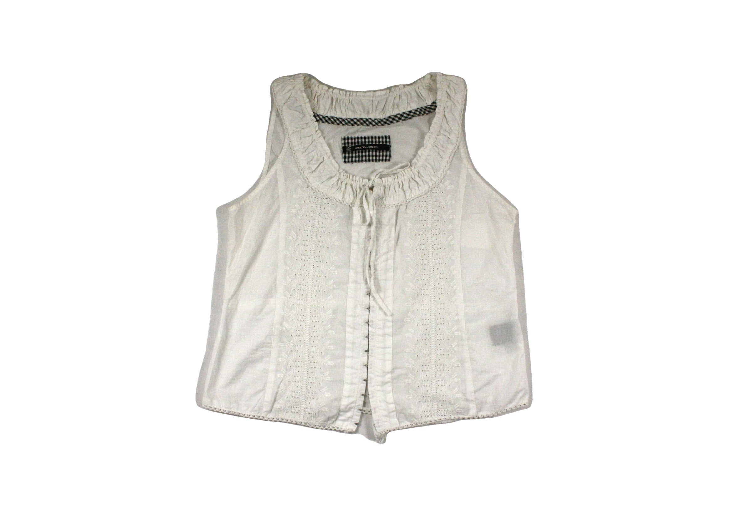Coupe Women's White Cotton Sleeveless Scoop Neck Top with Front Hooks, Ties, Gathers, and Embroidery