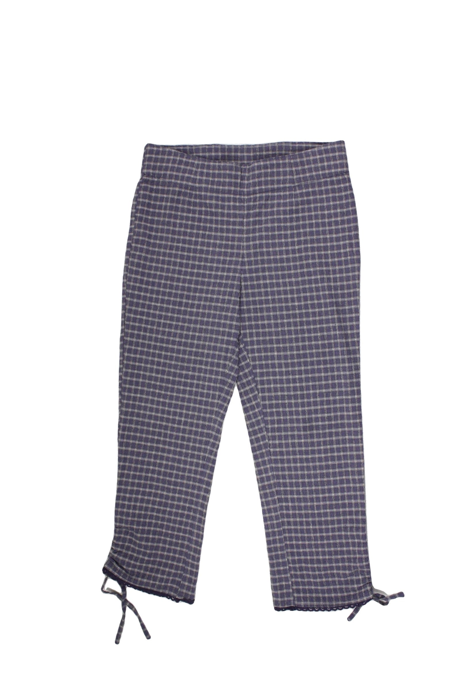 Free People Women's Blue/White/Beige Plaid Cropped Straight-Leg Pants with Ruched Cuffs and Lace Trim – Size W29