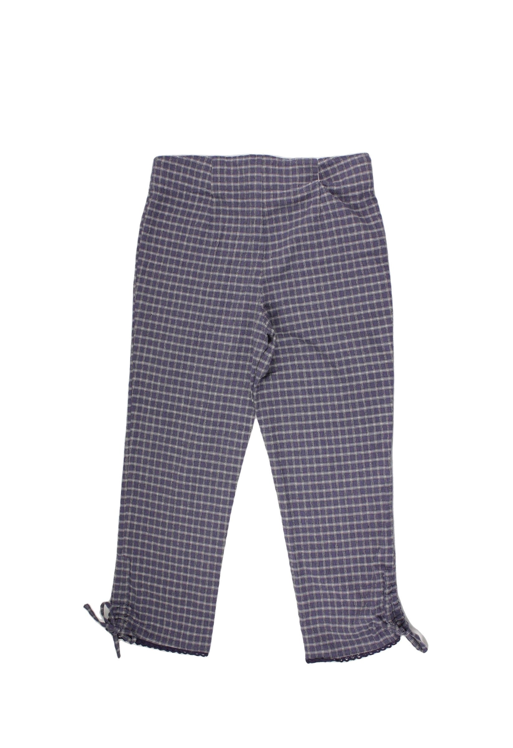 Free People Women's Blue/White/Beige Plaid Cropped Straight-Leg Pants with Ruched Cuffs and Lace Trim – Size W29